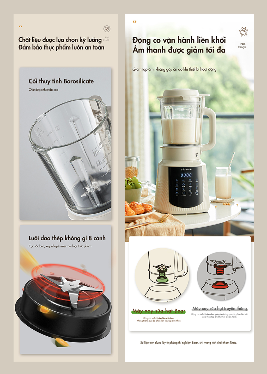 Máy làm sữa hạt đa năng Bear PBJ-C16Q8 (1,5 lít) - Hàng chính hãng - Tiếng Anh/Việt - BH 18 tháng - Full VAT