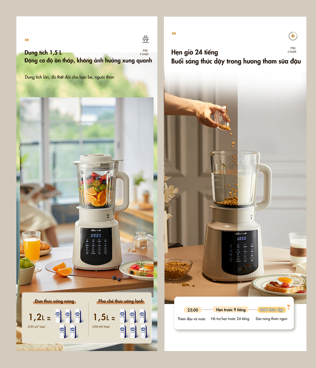 Máy làm sữa hạt đa năng Bear PBJ-C16Q8 (1,5 lít) - Hàng chính hãng - Tiếng Anh/Việt - BH 18 tháng - Full VAT