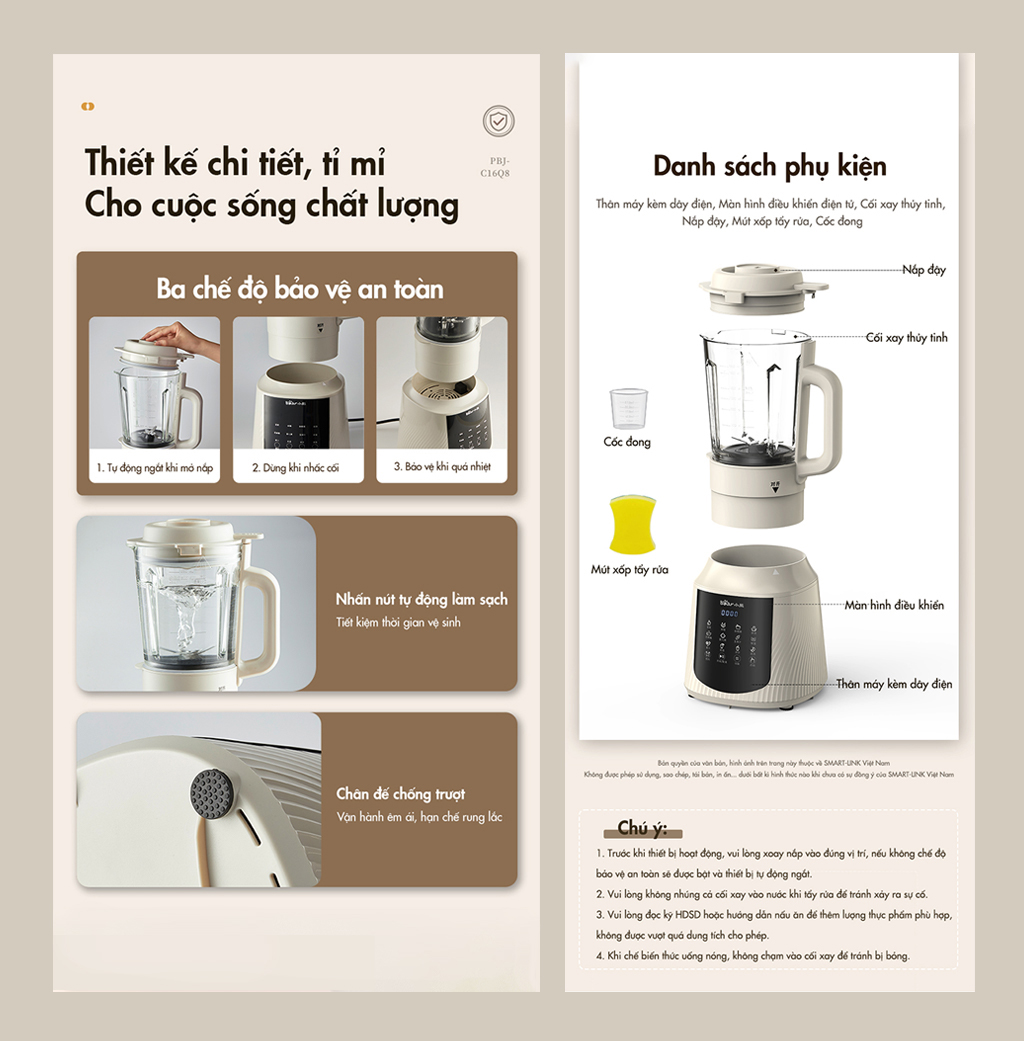 Máy làm sữa hạt đa năng Bear PBJ-C16Q8 (1,5 lít) - Hàng chính hãng - Tiếng Anh/Việt - BH 18 tháng - Full VAT