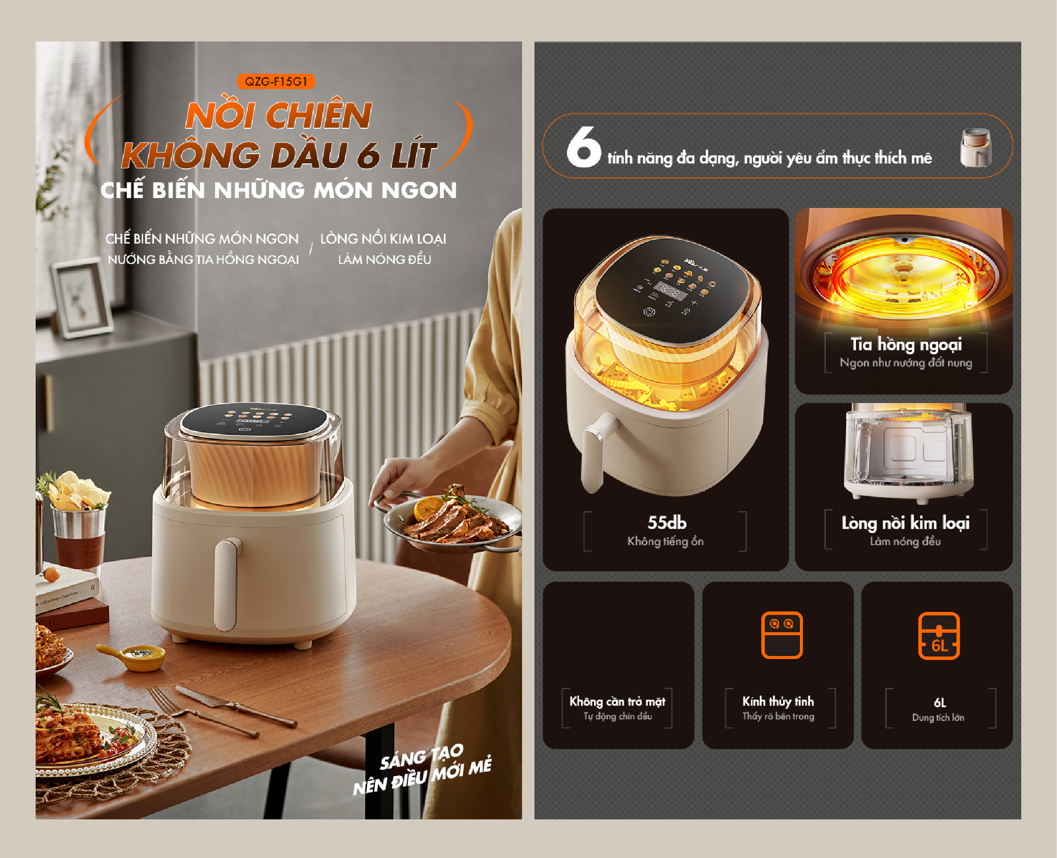 Nồi chiên không dầu Bear QZG-F15G1 - Hàng chính hãng - Tiếng Anh/Việt - BH 18 tháng - Full VAT