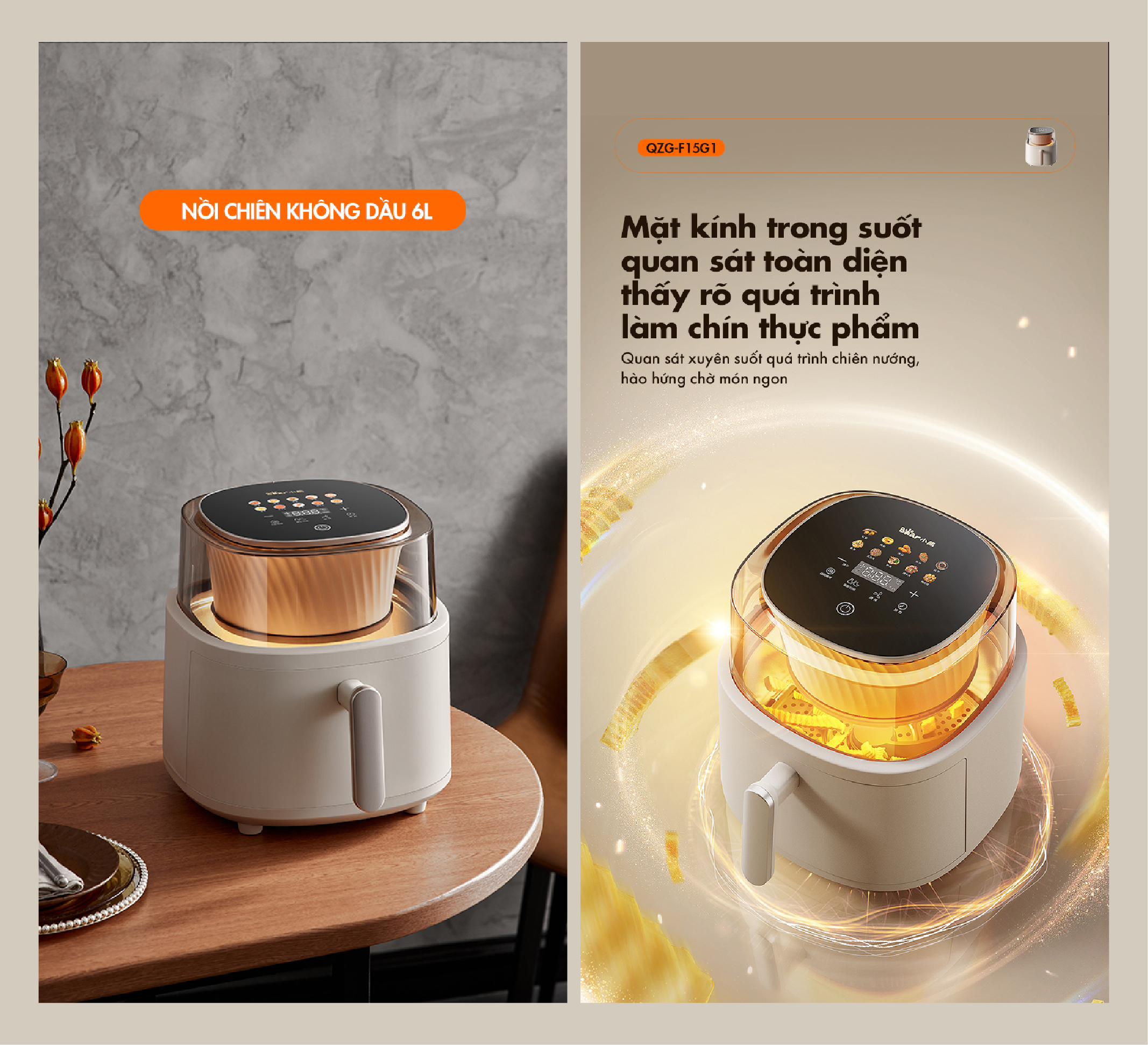 Nồi chiên không dầu Bear QZG-F15G1 - Hàng chính hãng - Tiếng Anh/Việt - BH 18 tháng - Full VAT