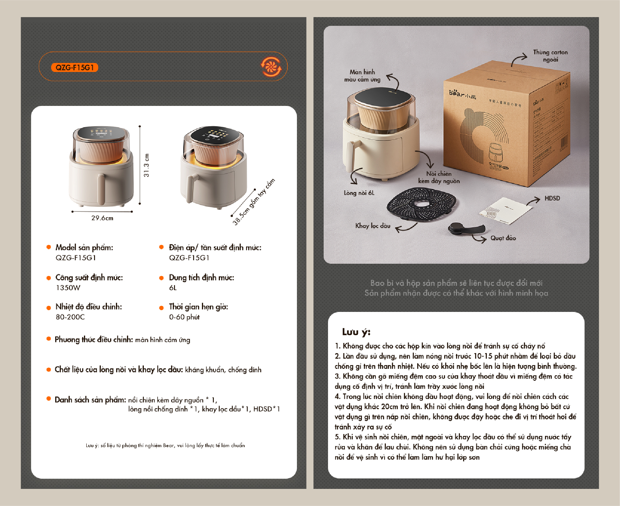 Nồi chiên không dầu Bear QZG-F15G1 - Hàng chính hãng - Tiếng Anh/Việt - BH 18 tháng - Full VAT