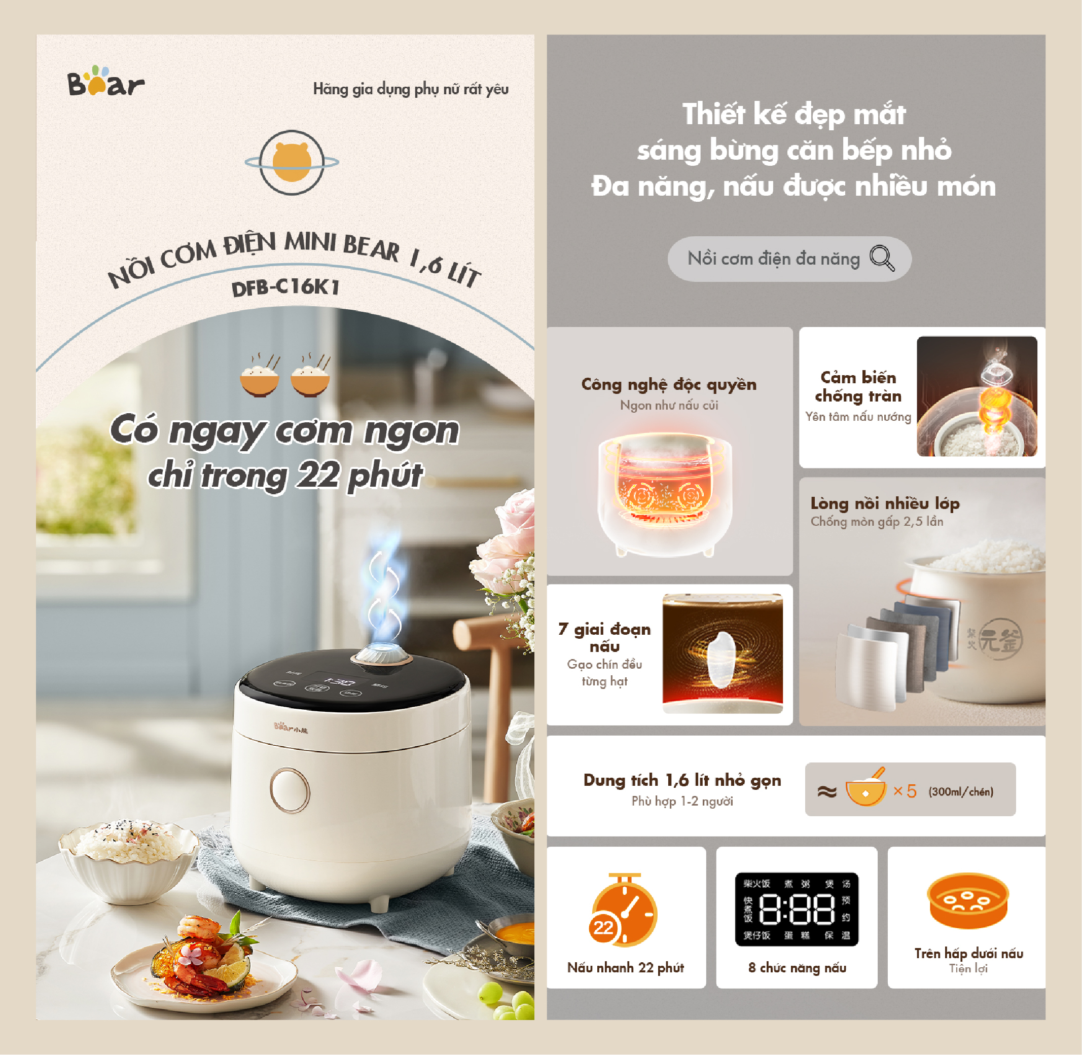 Nồi cơm điện mini Bear DFB-C16K1 (1,6 lít) - Hàng chính hãng - Tiếng Anh/Việt - BH 18 tháng - Full VAT