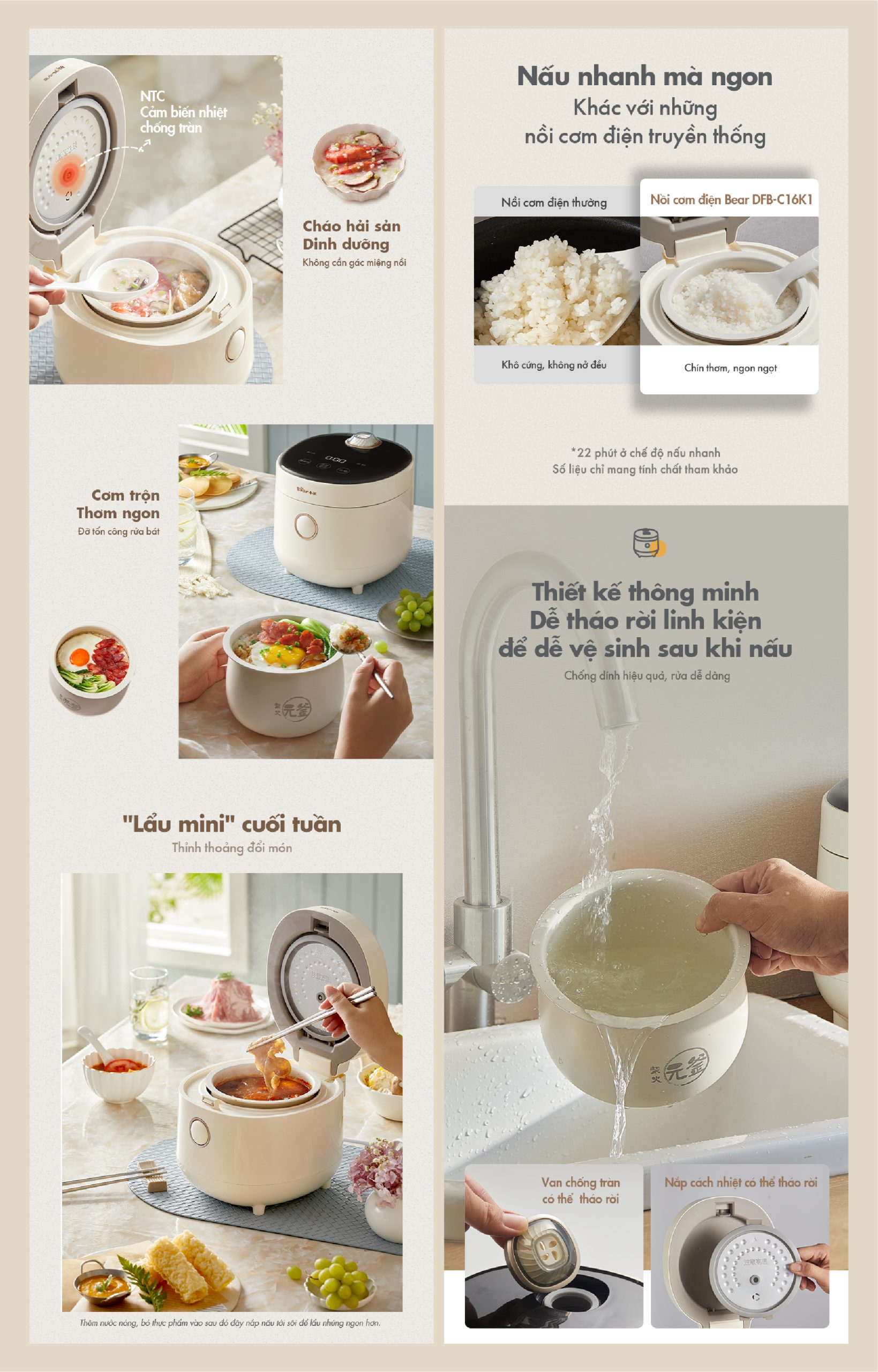 Nồi cơm điện mini Bear DFB-C16K1 (1,6 lít) - Hàng chính hãng - Tiếng Anh/Việt - BH 18 tháng - Full VAT