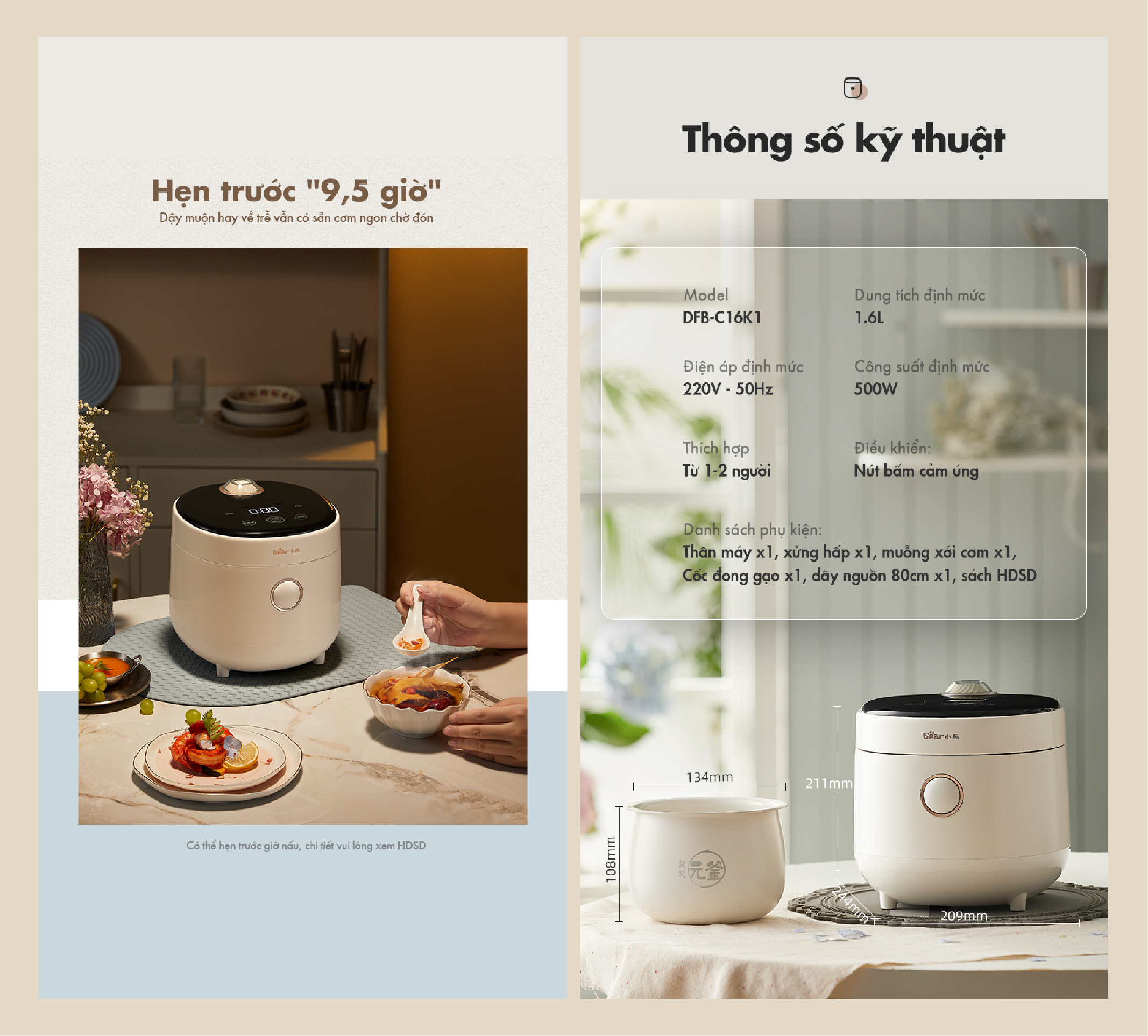 Nồi cơm điện mini Bear DFB-C16K1 (1,6 lít) - Hàng chính hãng - Tiếng Anh/Việt - BH 18 tháng - Full VAT