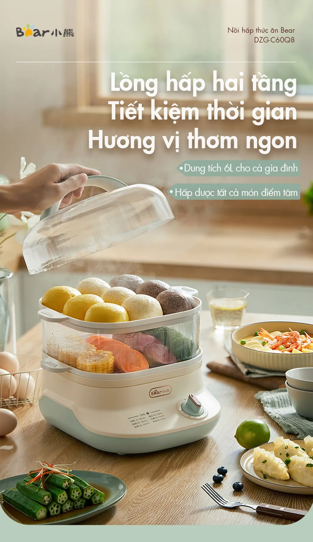 Nồi hấp thức ăn Bear DZG-C60Q8 - Dung tích 6L - Hàng chính hãng - Tiếng Anh/Việt - BH 18 tháng - Full VAT