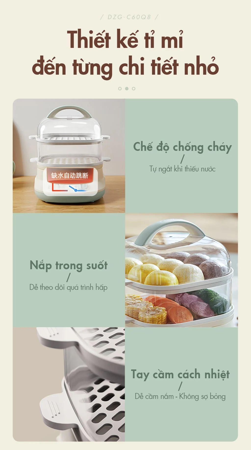 Nồi hấp thức ăn Bear DZG-C60Q8 - Dung tích 6L - Hàng chính hãng - Tiếng Anh/Việt - BH 18 tháng - Full VAT