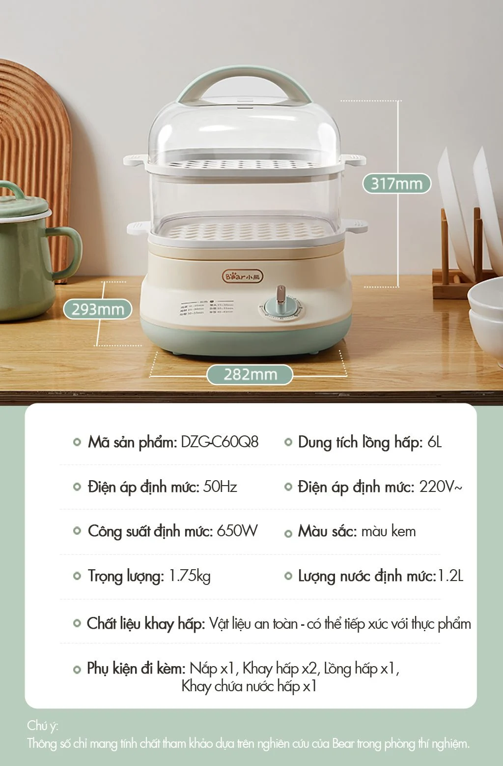 Nồi hấp thức ăn Bear DZG-C60Q8 - Dung tích 6L - Hàng chính hãng - Tiếng Anh/Việt - BH 18 tháng - Full VAT