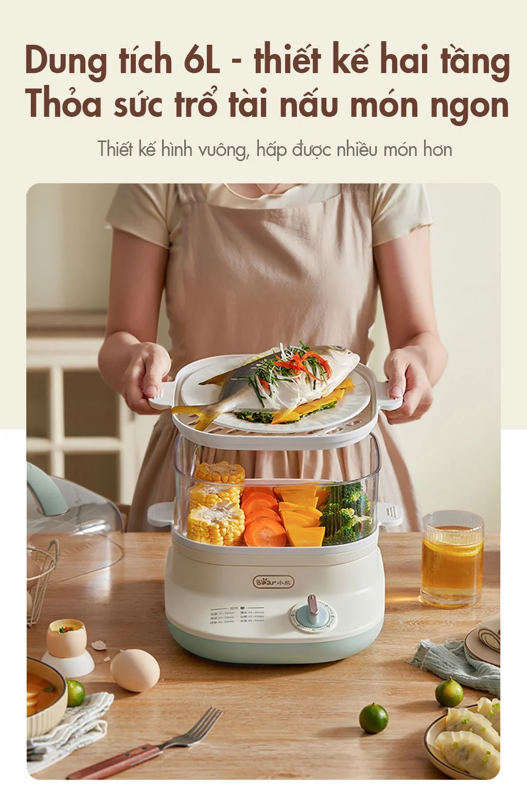 Nồi hấp thức ăn Bear DZG-C60Q8 - Dung tích 6L - Hàng chính hãng - Tiếng Anh/Việt - BH 18 tháng - Full VAT