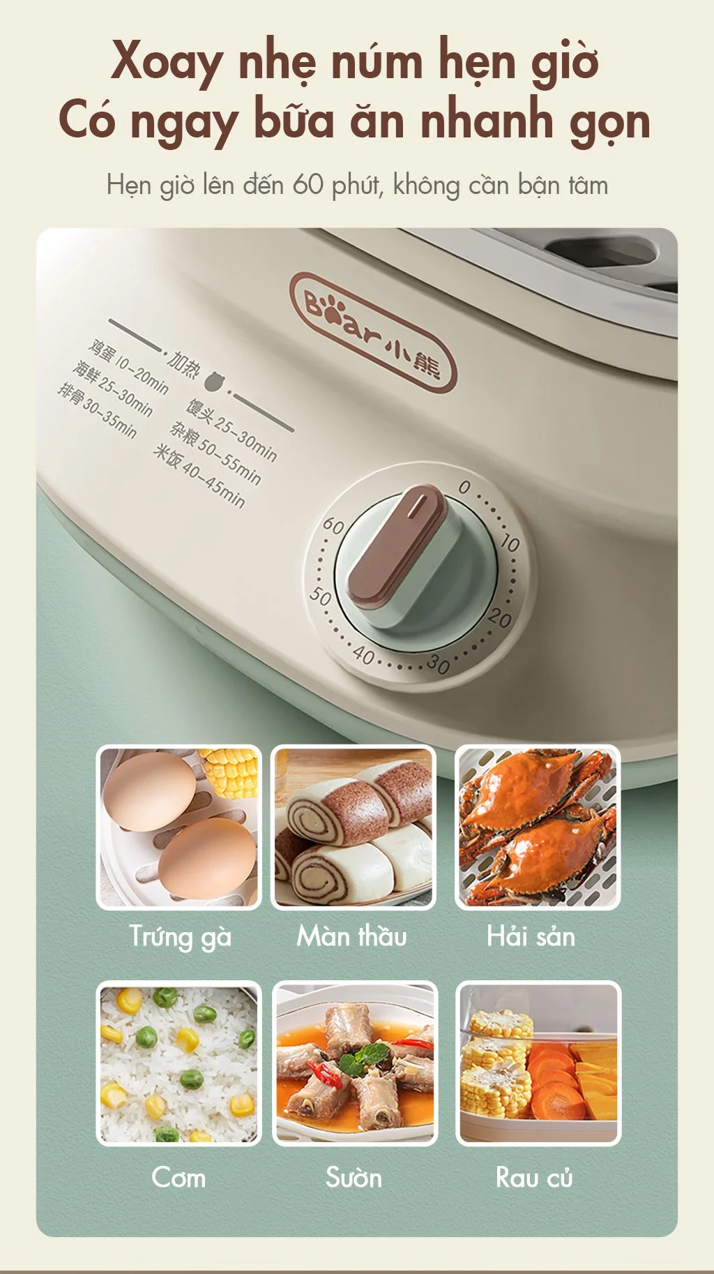 Nồi hấp thức ăn Bear DZG-C60Q8 - Dung tích 6L - Hàng chính hãng - Tiếng Anh/Việt - BH 18 tháng - Full VAT