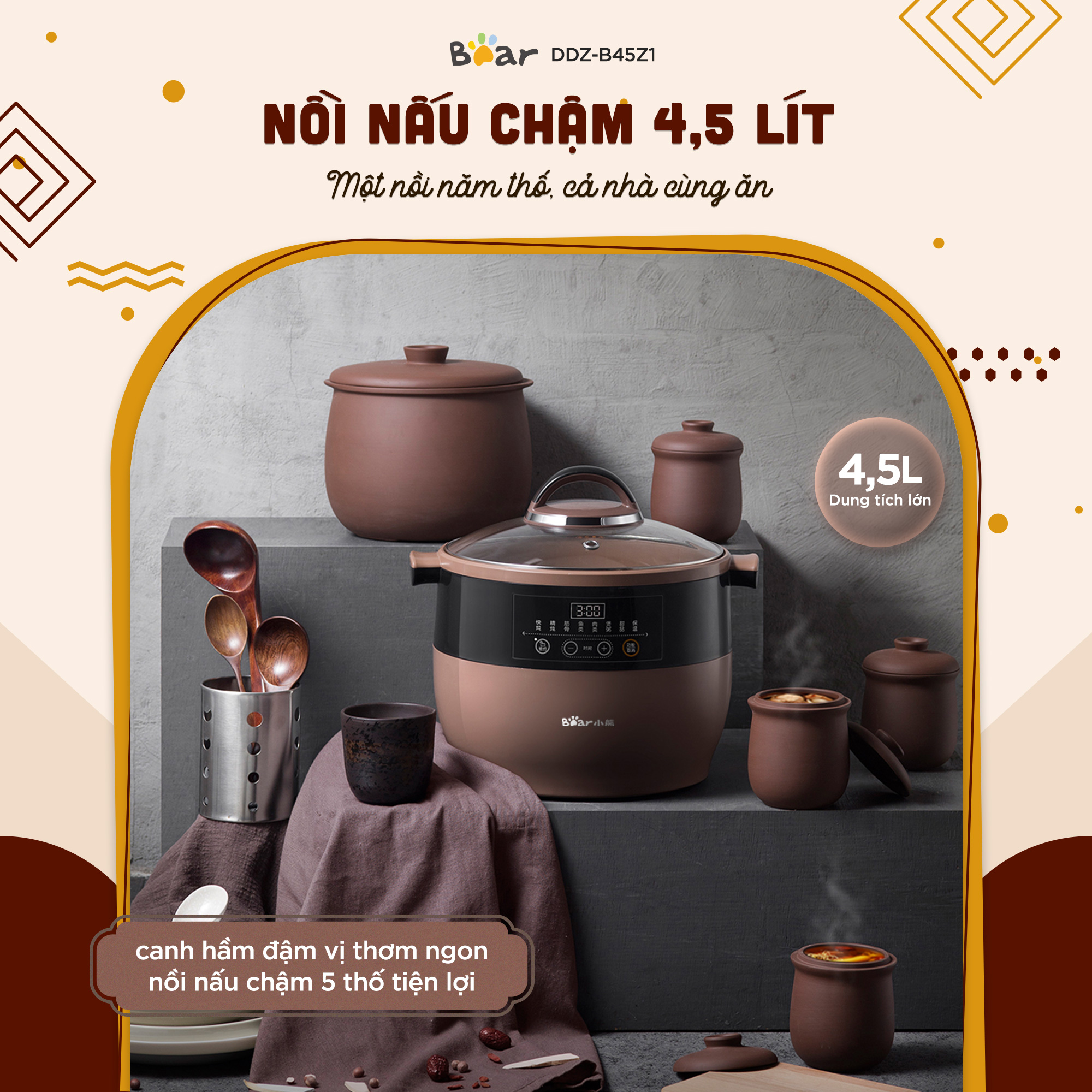 Nồi nấu chậm Bear DDZ-B45Z1 - Dung tích 4.5L - Hàng chính hãng - Tiếng Anh/Việt - BH 18 tháng - Full VAT Nồi nấu chậm Bear DDZ-B45Z1 - Dung tích 4.5L - Hàng chính hãng - Tiếng Anh/Việt - BH 18 tháng - Full VAT - Ảnh 2