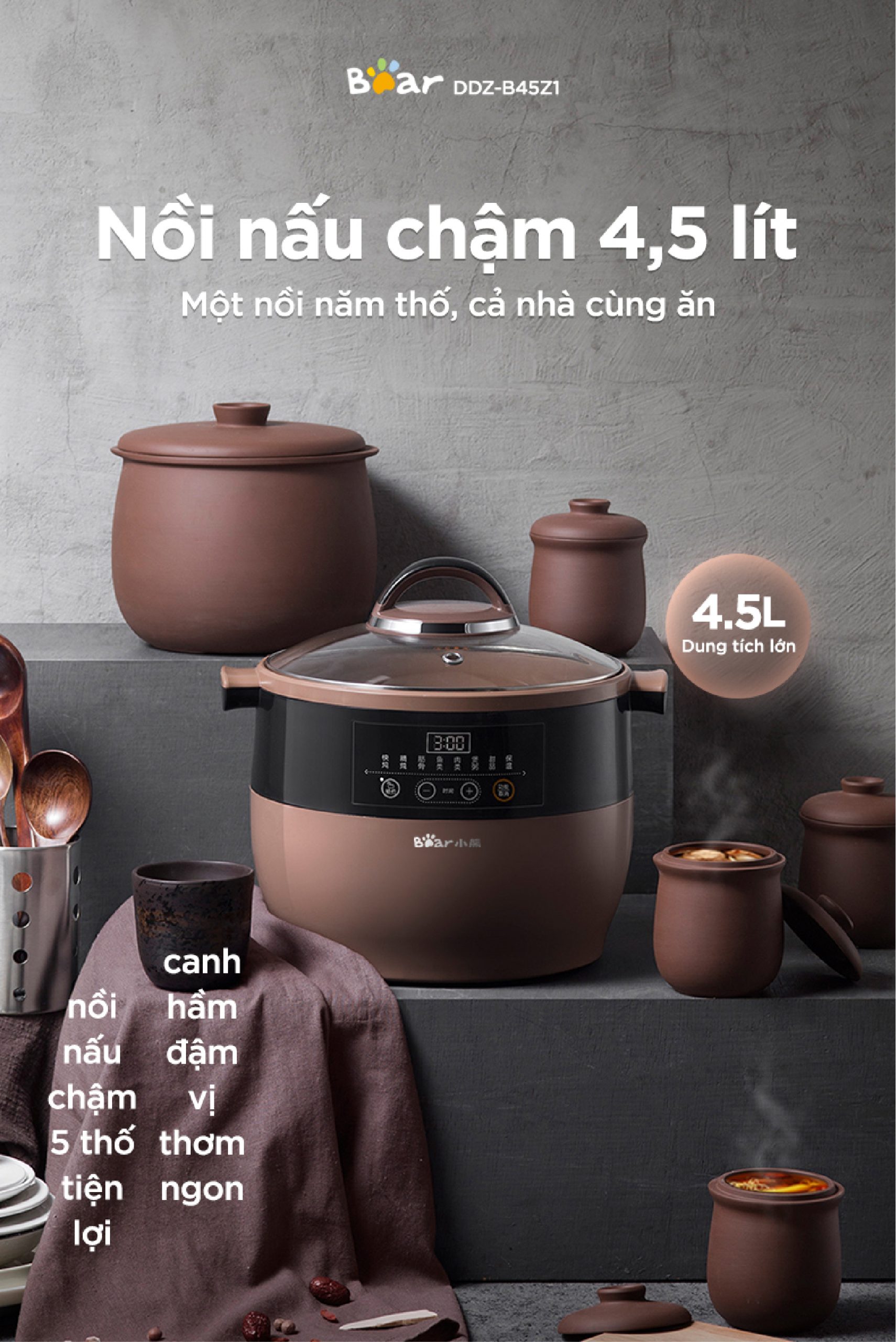 Nồi nấu chậm Bear DDZ-B45Z1 - Dung tích 4.5L - Hàng chính hãng - Tiếng Anh/Việt - BH 18 tháng - Full VAT