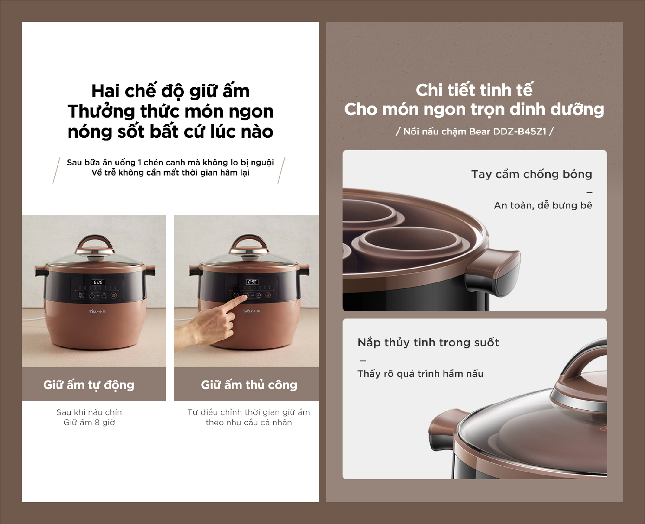 Nồi nấu chậm Bear DDZ-B45Z1 - Dung tích 4.5L - Hàng chính hãng - Tiếng Anh/Việt - BH 18 tháng - Full VAT