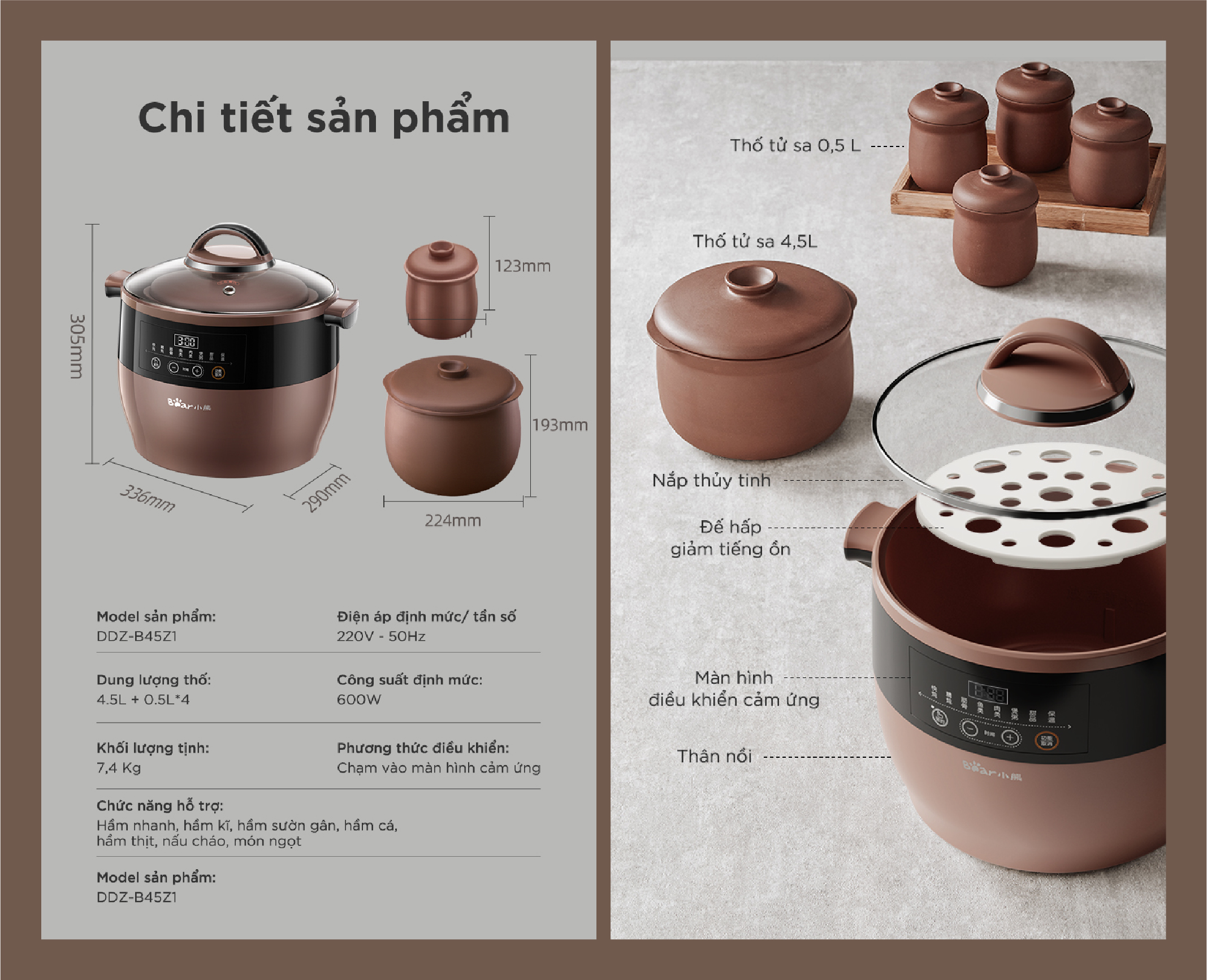 Nồi nấu chậm Bear DDZ-B45Z1 - Dung tích 4.5L - Hàng chính hãng - Tiếng Anh/Việt - BH 18 tháng - Full VAT