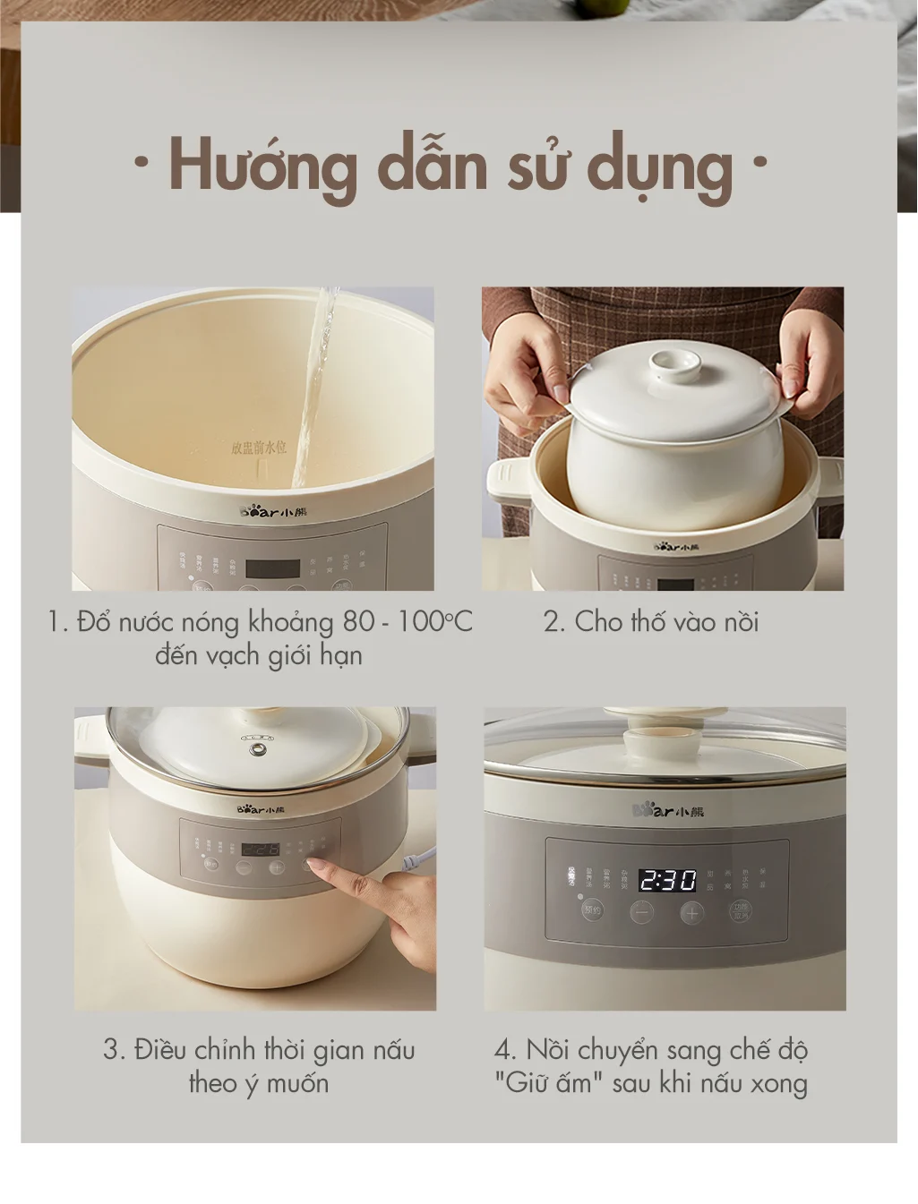Nồi nấu chậm đa năng Bear DDZ-B25Q3 - Hàng chính hãng - Tiếng Anh/Việt - BH 18 tháng - Full Vat