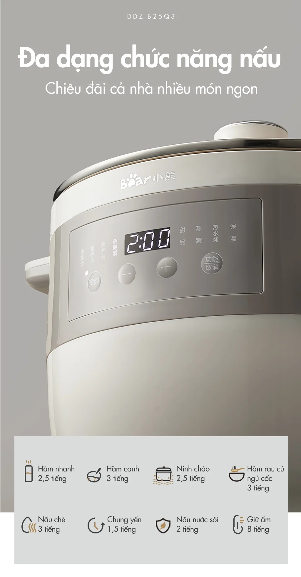 Nồi nấu chậm đa năng Bear DDZ-B25Q3 - Hàng chính hãng - Tiếng Anh/Việt - BH 18 tháng - Full Vat