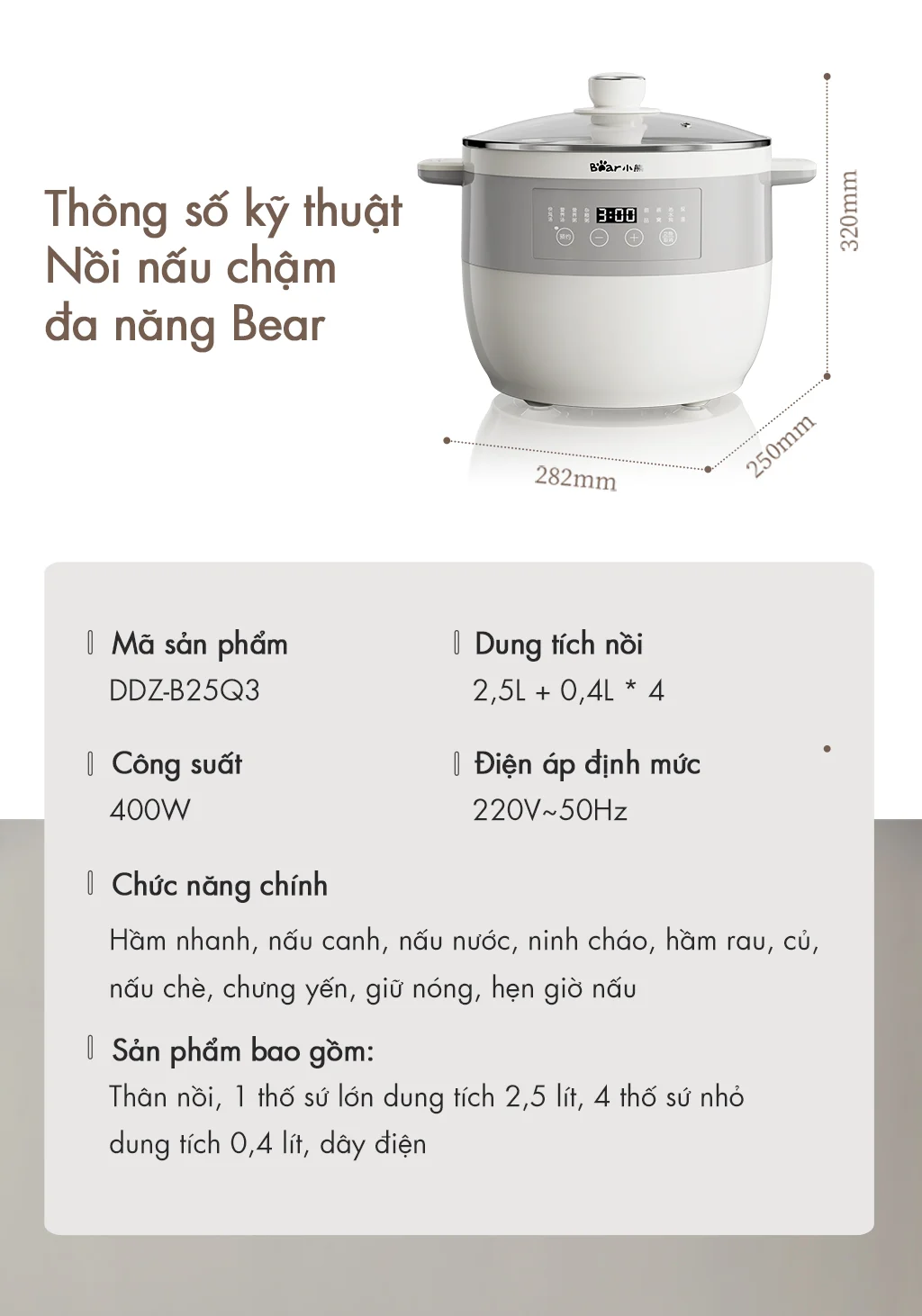 Nồi nấu chậm đa năng Bear DDZ-B25Q3 - Hàng chính hãng - Tiếng Anh/Việt - BH 18 tháng - Full Vat
