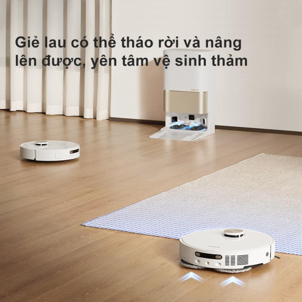 Giẻ lau lại được nâng lên hoặc tháo ra để tránh làm ướt sàn và thảm