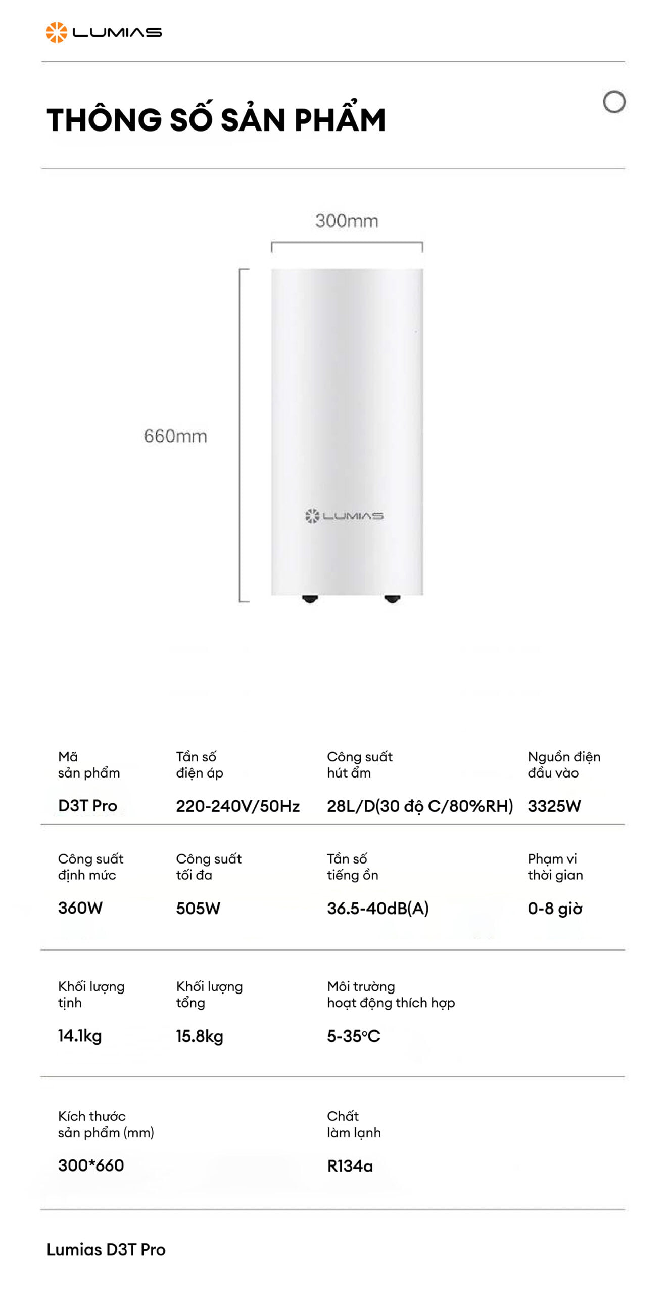 Máy hút ẩm LUMIAS D3T PRO - Chính hãng Thông số kỹ thuật Máy hút ẩm LUMIAS D3T PRO