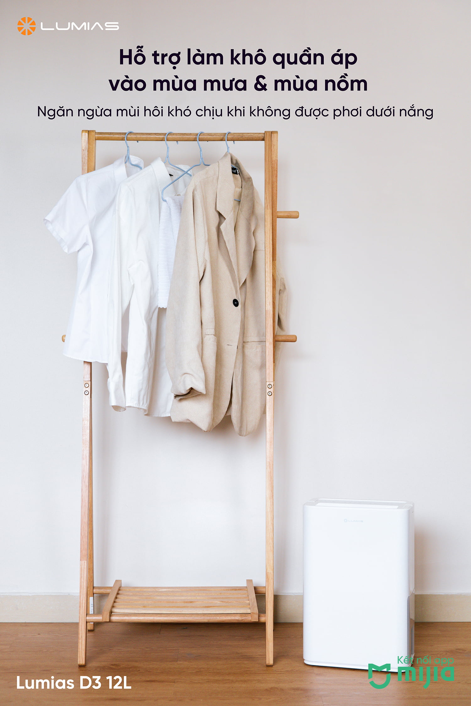 Máy hút ẩm thông minh LUMIAS D3 12L hỗ trợ làm khô quần áo vào mùa mưa và mùa nồm
