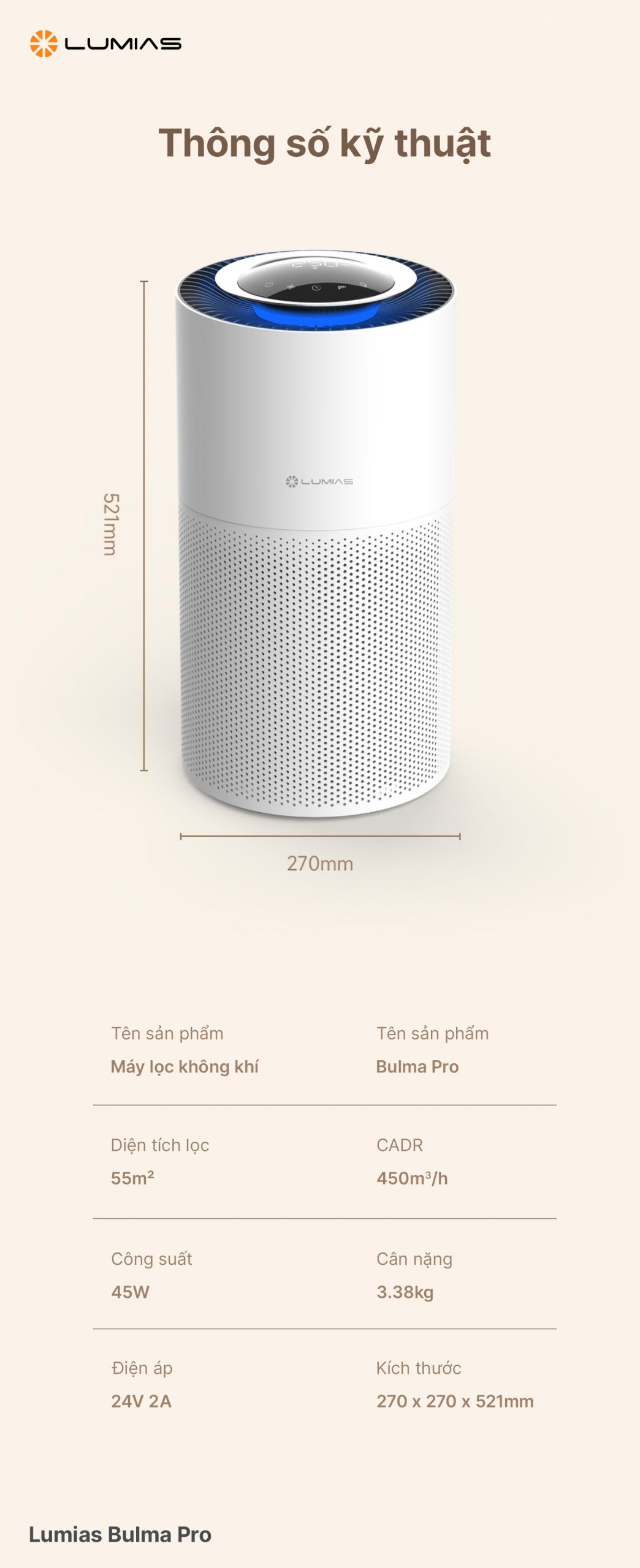 Máy lọc không khí Lumias Bulma Pro - New 2024 Thông số kỹ thuật Máy lọc không khí LUMIAS BULMA PRO