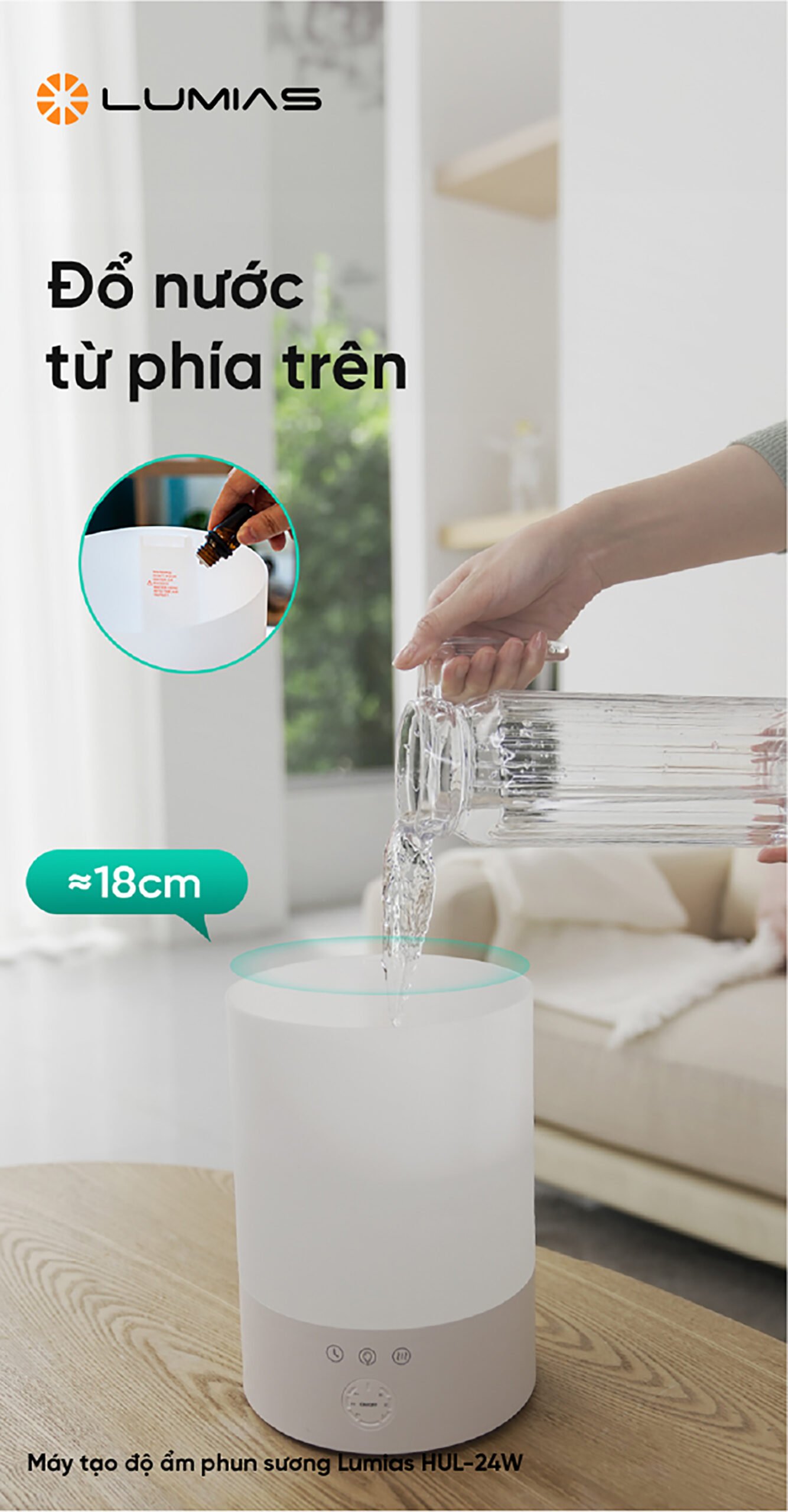 Đổ nước từ phía trên 18cm