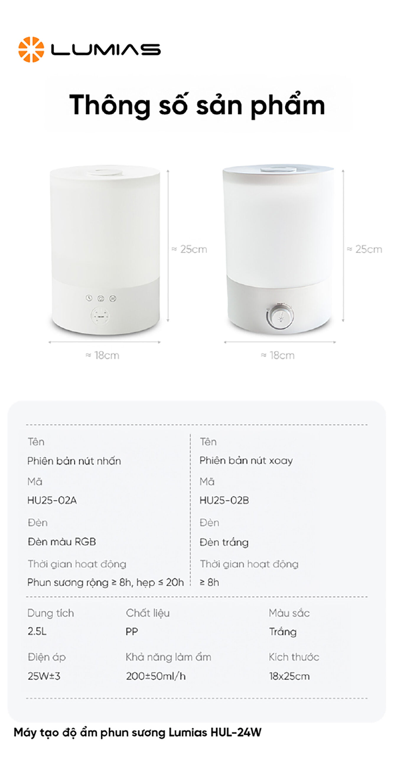 Thông số kỹ thuật Máy tạo ẩm nhiều màu LUMIAS HUL-24W