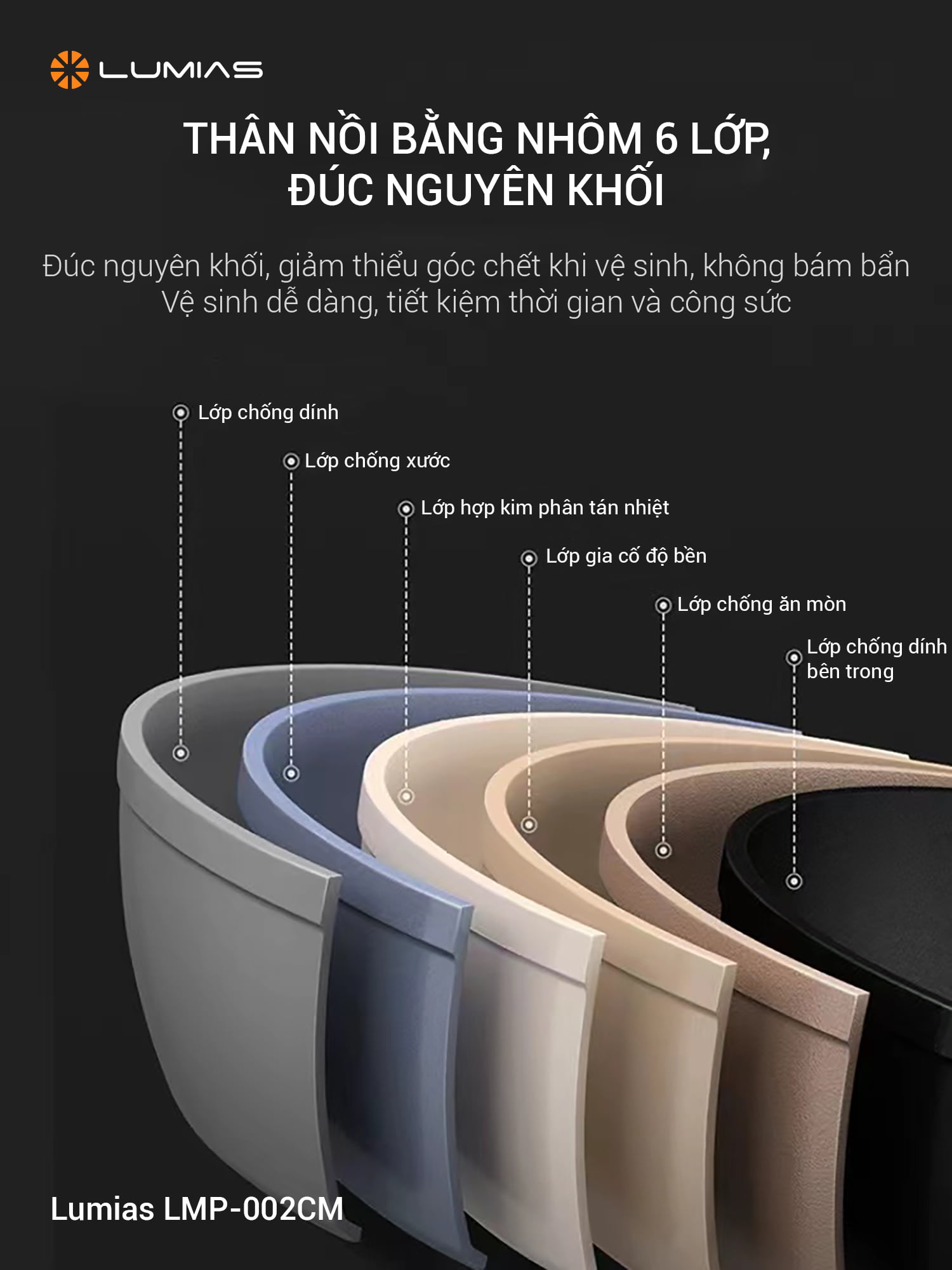 Thân nồi bằng nhôm 6 lớp đúc nguyên khối