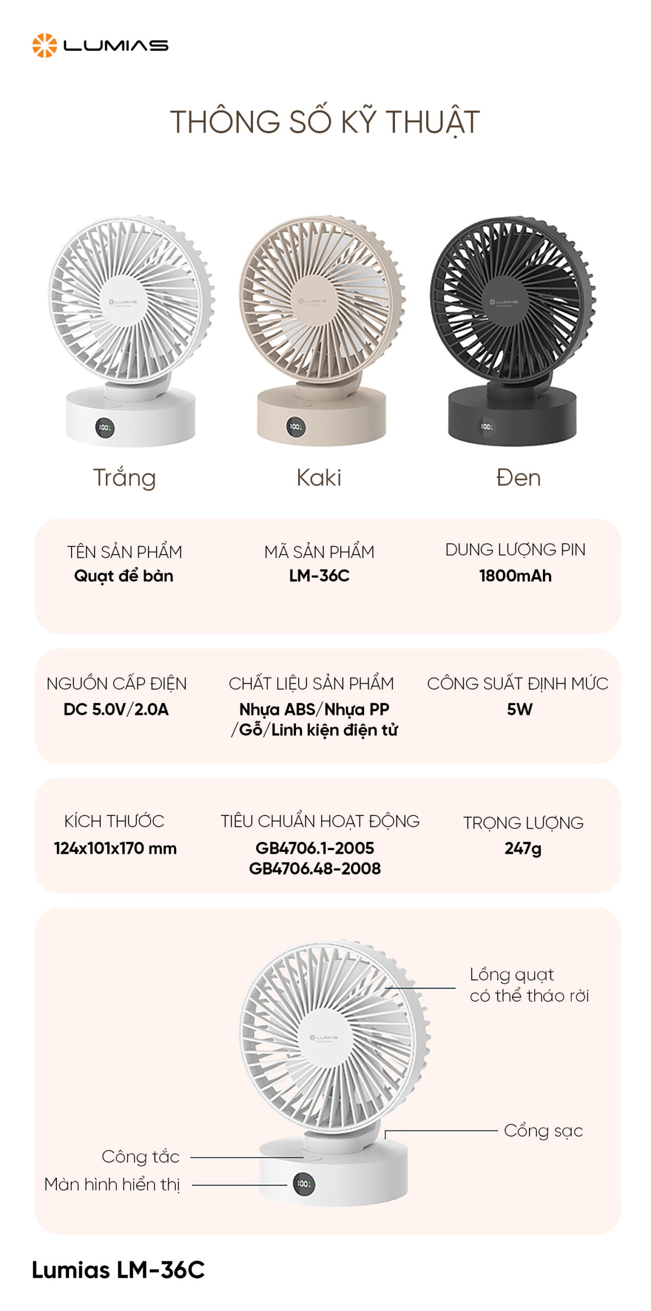 Thông số kỹ thuật Quạt để bàn LUMIAS LM-36C