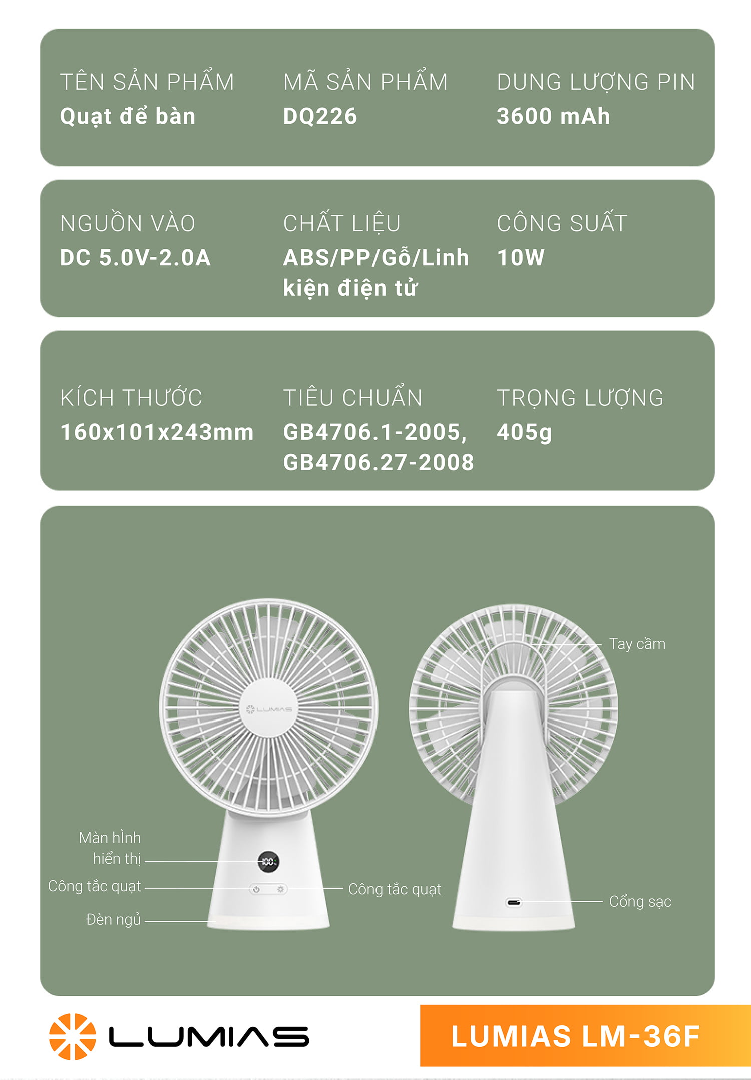 Kích thước Quạt để bàn LUMIAS LM-36F
