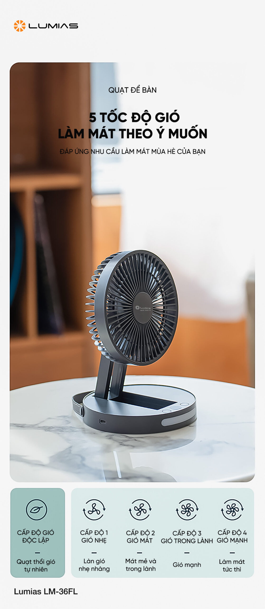 Quạt để bàn LUMIAS LM-36FL 5 tốc độ gió