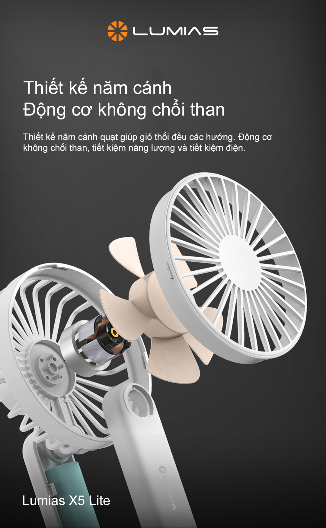 Thiết kế 5 cánh cùng động cơ không chổi than