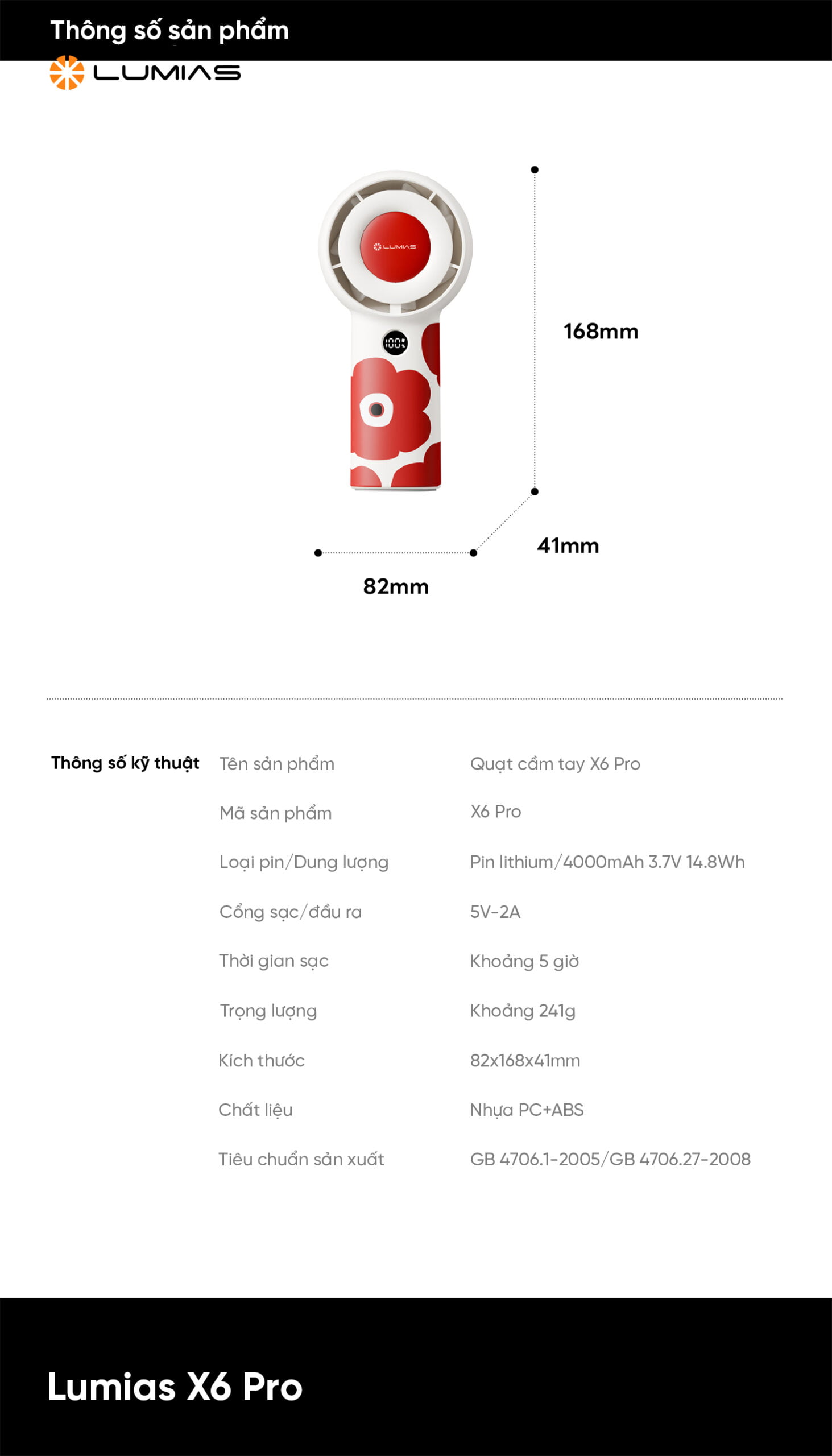 Thông số kỹ thuật quạt tích điện LUMIAS X6 Pro