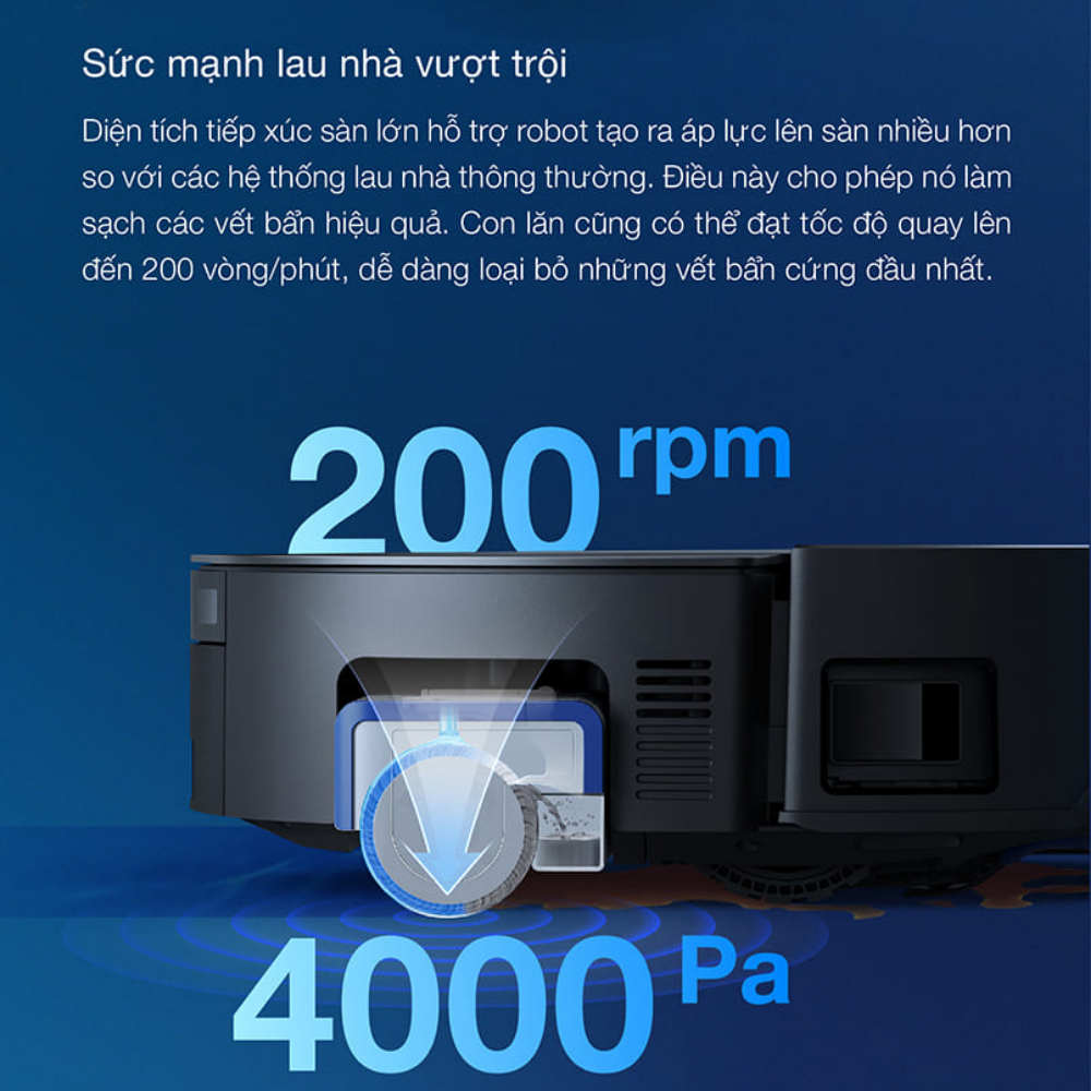Tốc độ 200 vòng/phút kết hợp áp lực 4000Pa tạo nên sức mạnh lau nhà vượt trội