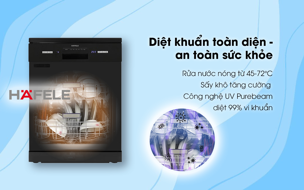 Máy rửa chén độc lập HAFELE HDW-F601B diệt khuẩn toàn diện - an toàn cho sức khỏe