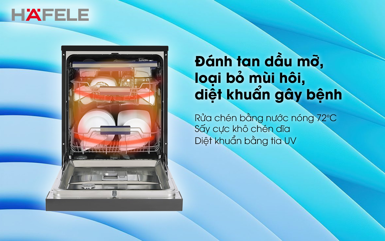 HAFELE HDW-F605B – 535.29.660 – Máy rửa chén độc lập (15 bộ bát đĩa) – Chính hãng – BH 24 tháng Máy rửa chén độc lập HAFELE HDW-F605B đánh tan dầu mỡ, loại bỏ mùi hôi, diệt khuẩn gây bệnh