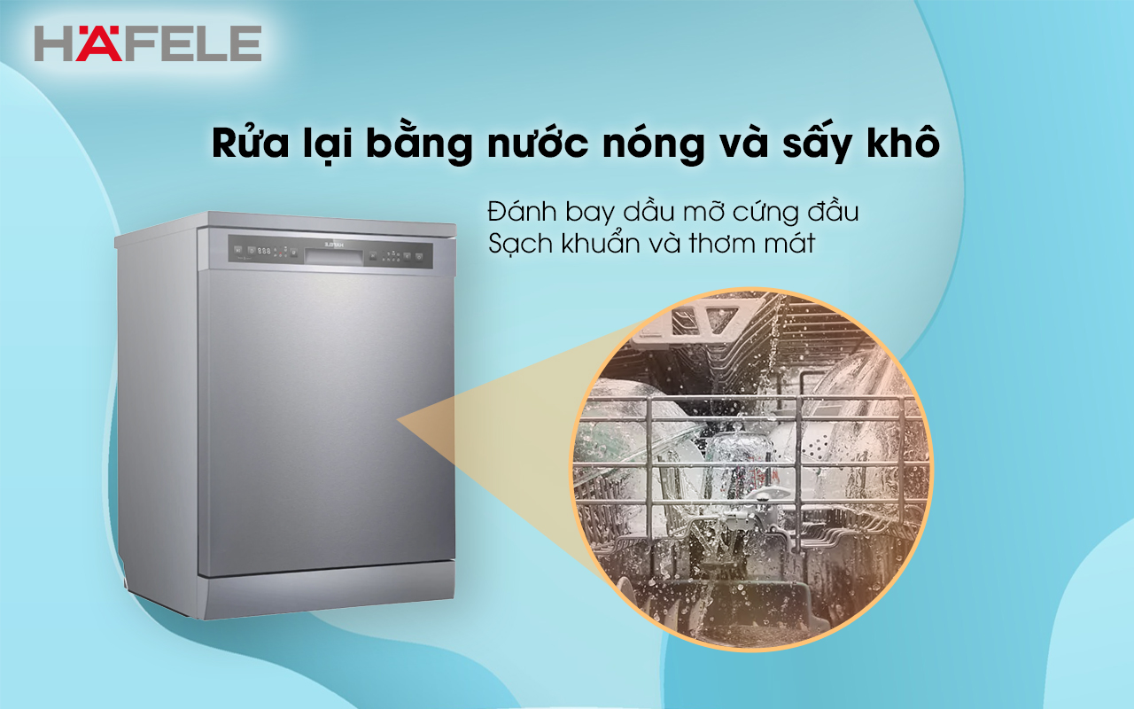 Máy rửa chén độc lập HAFELE HDW-F60G rửa lại bằng nước nóng và sấy khô