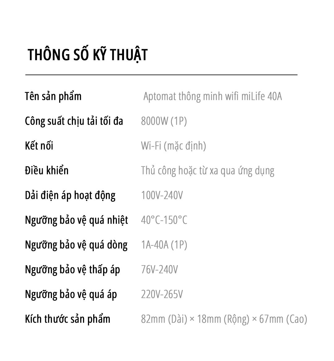 Aptomat CB thông minh Wifi miLife 40A thông số kỹ thuậy