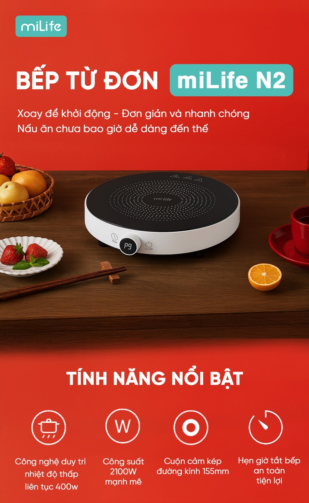 Bếp từ đơn miLife N2 tròn 9 mức nhiệt - Chính hãng Bếp từ đơn miLife N2