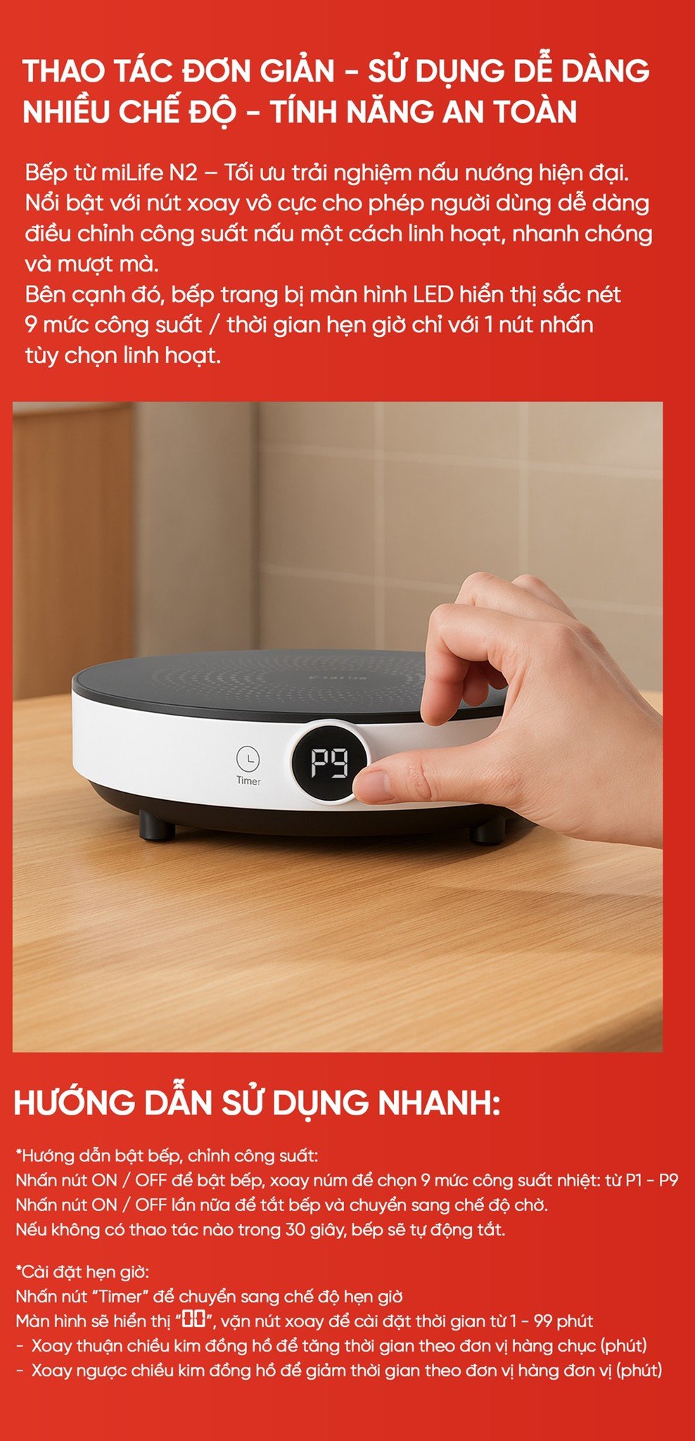 Bếp từ đơn miLife N2 thao tác đơn giản