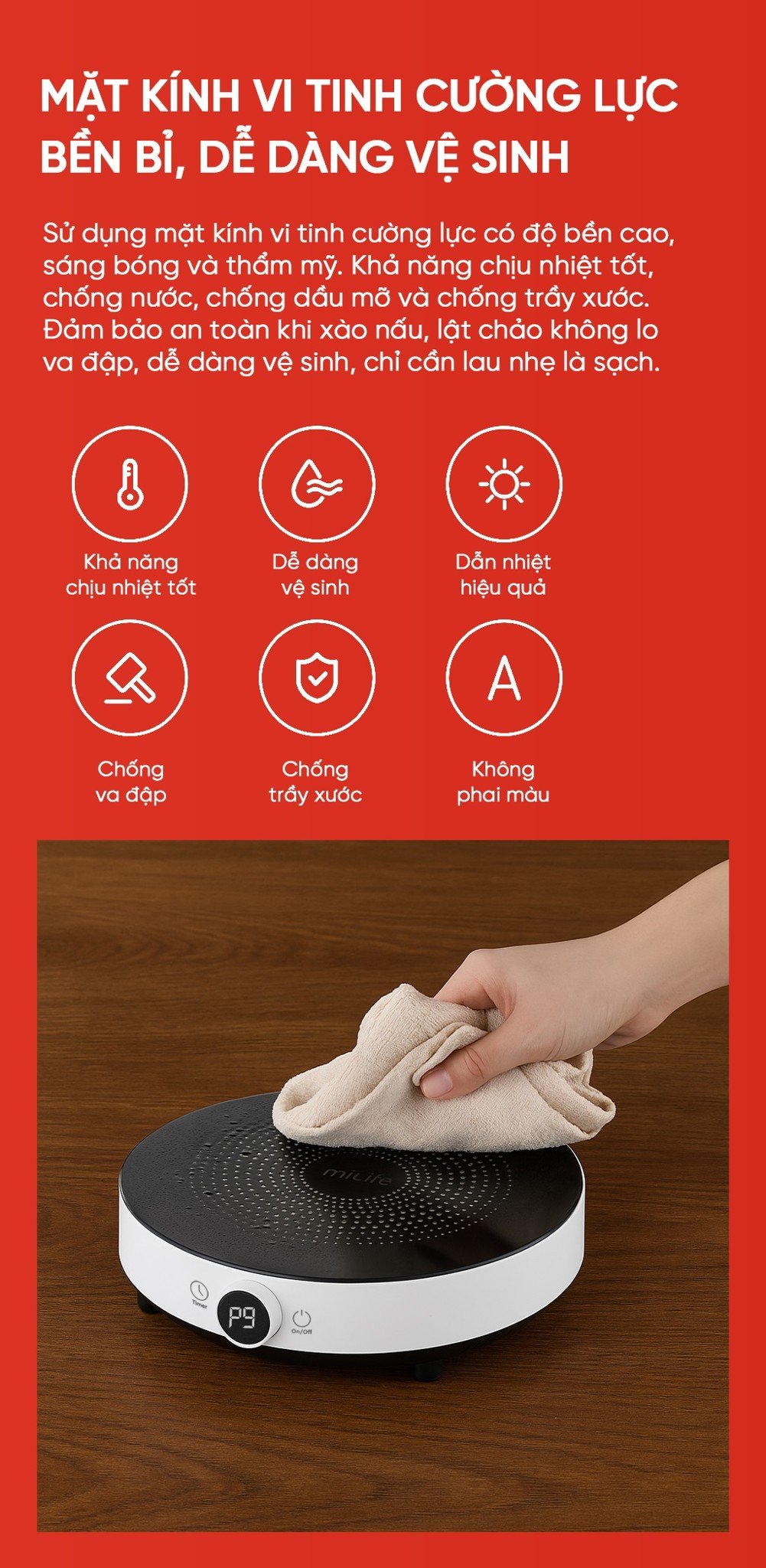 Bếp từ đơn miLife N2 mặt kính vi tinh cường lực