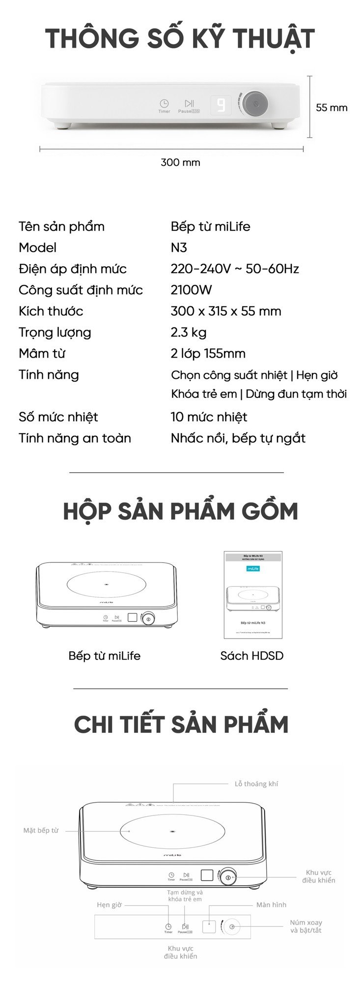 Bếp từ đơn miLife N3 vuông trọn bộ sản phẩm