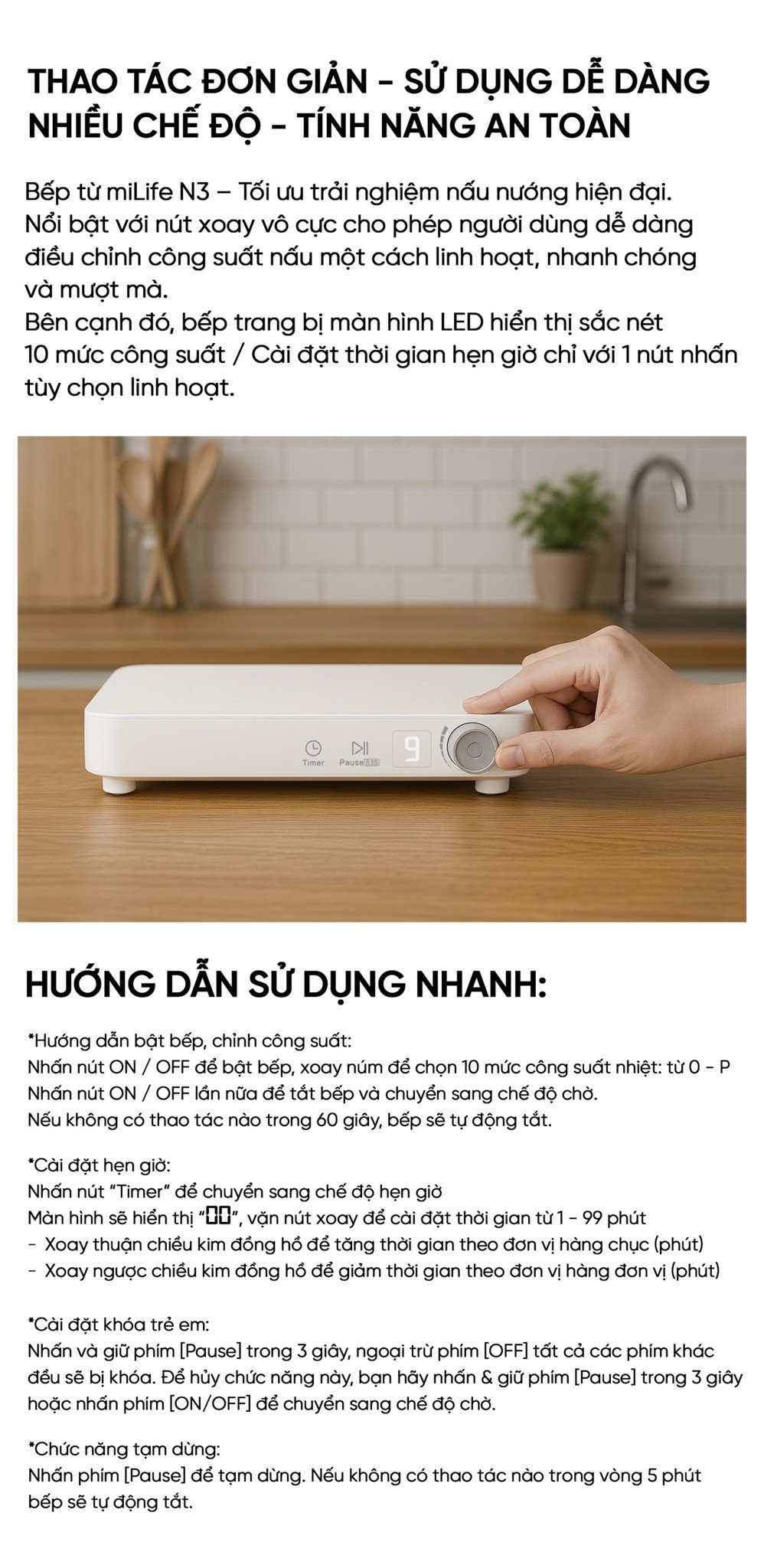 Bếp từ đơn miLife N3 vuông sử dụng đơn giản