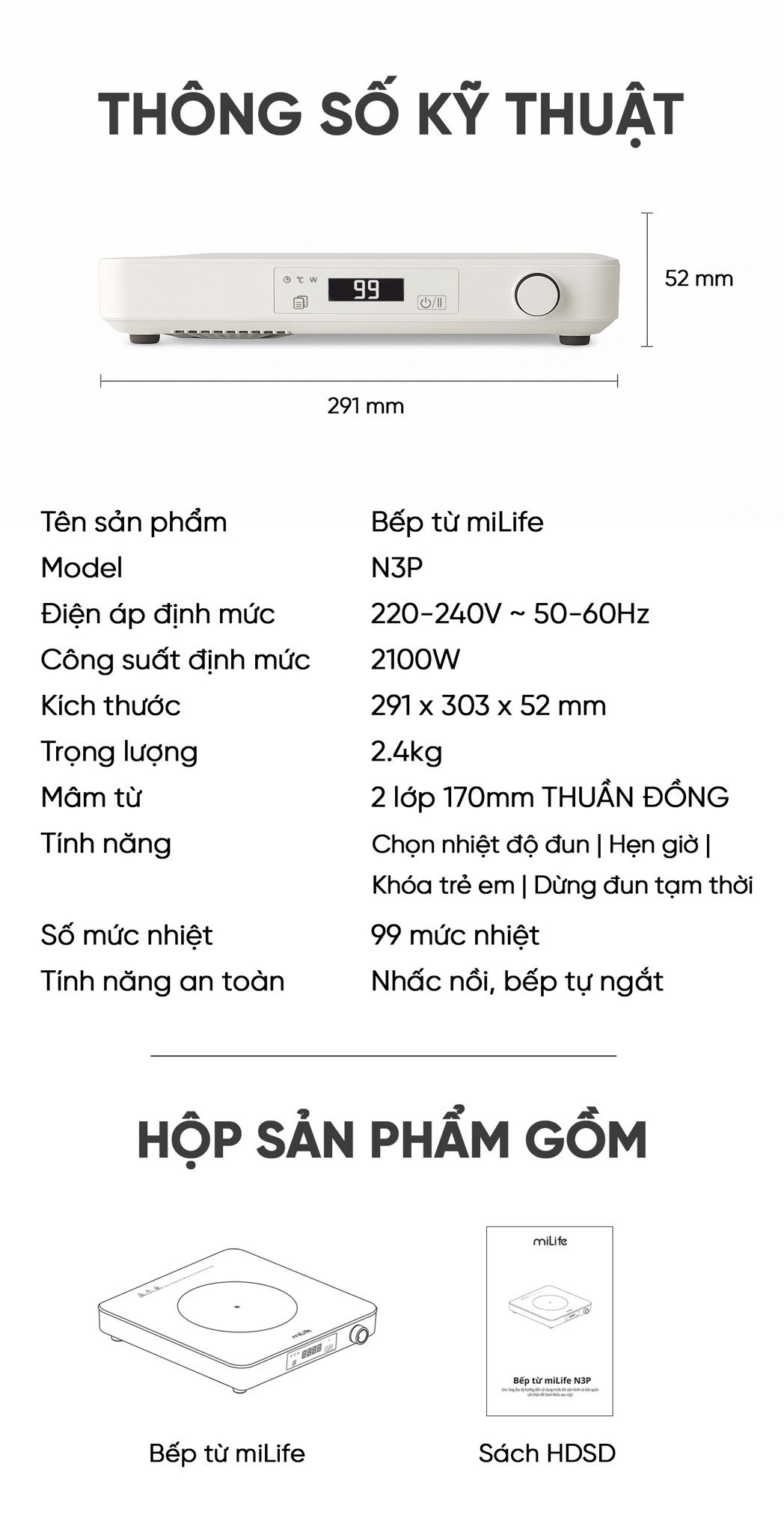 Bếp từ đơn miLife N3P vuông 99 mức nhiệt - Chính hãng