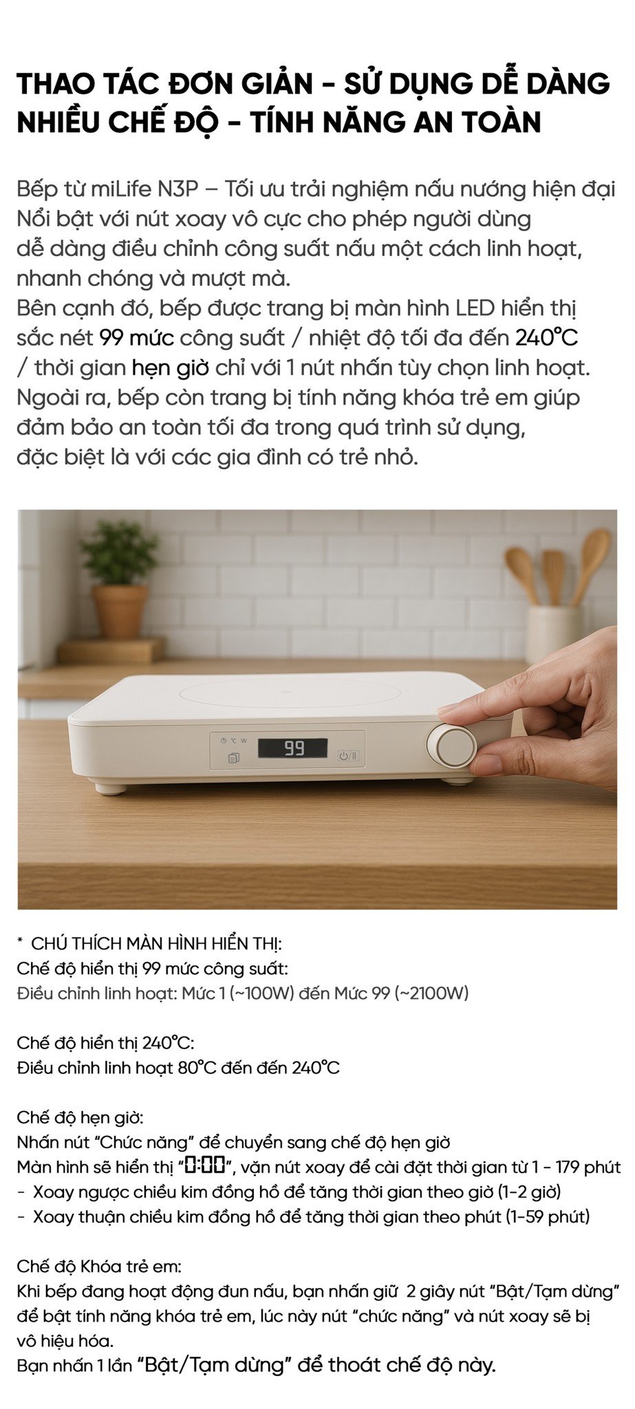 Bếp từ đơn miLife N3P thao tác đơn giản