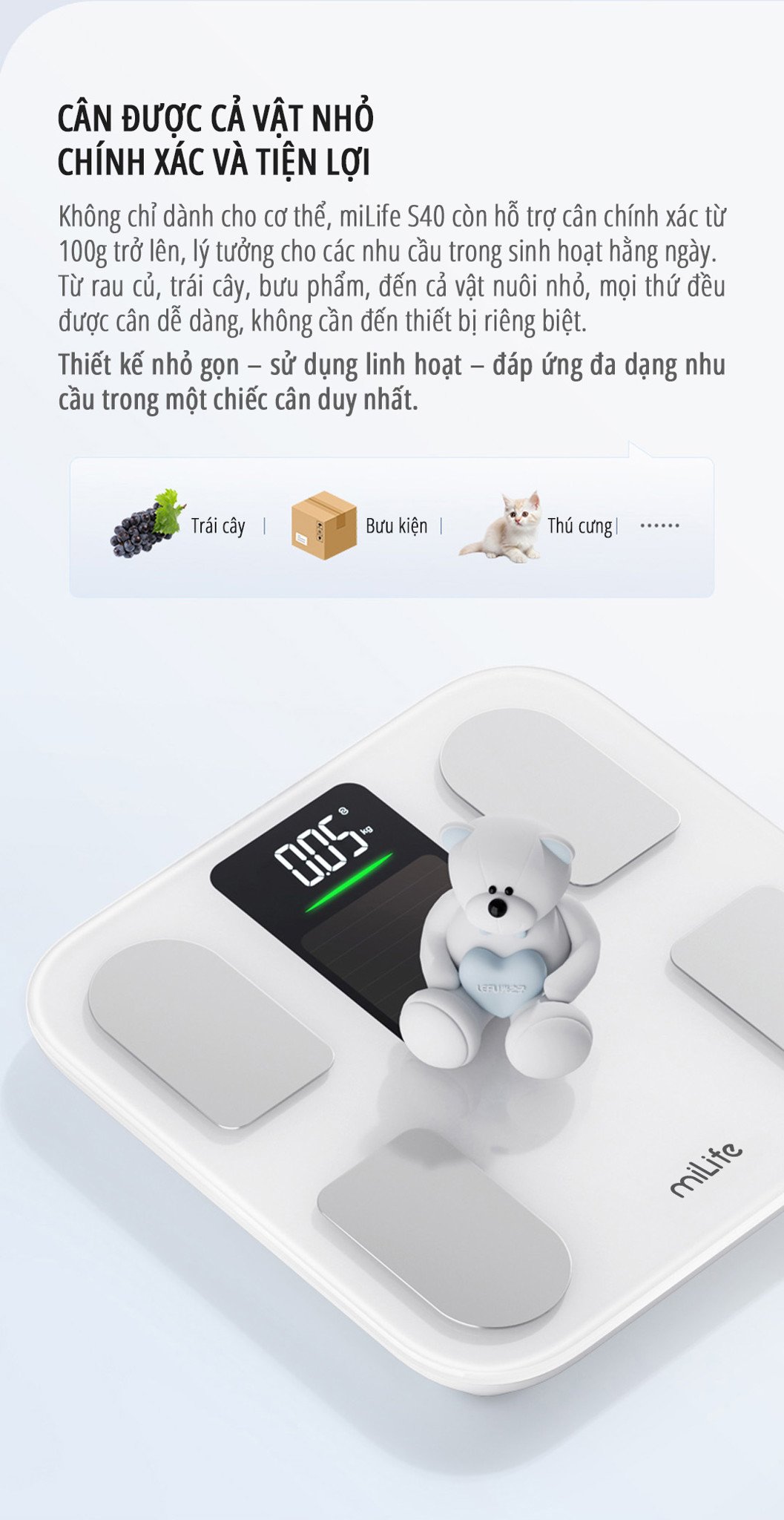 Cân body fat thông minh miLife S40 cân chính xác các vật nhỏ