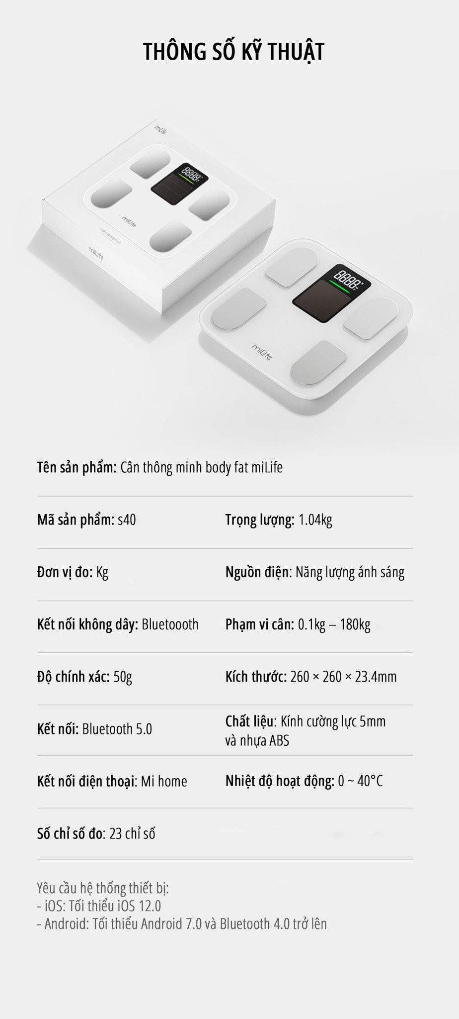 Cân body fat thông minh miLife S40 thông số kỹ thuật