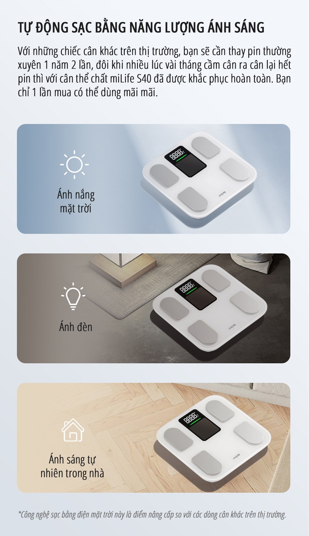 Cân body fat thông minh miLife S40 tự sạc bằng ánh sáng