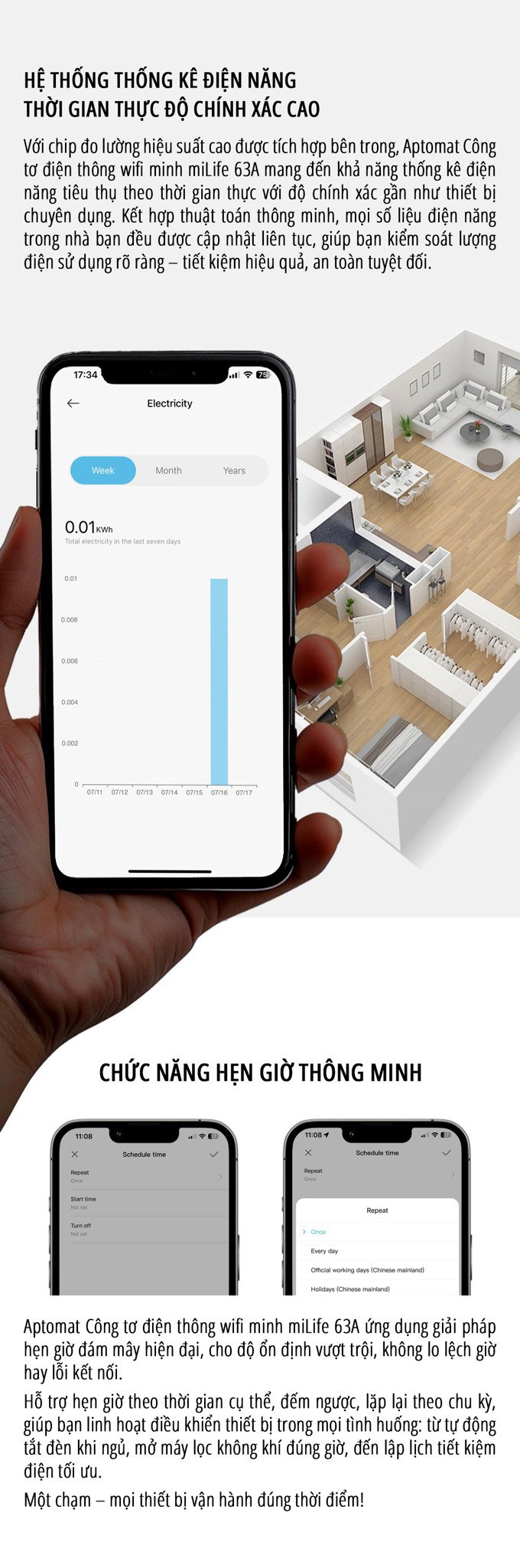 Công tơ điện thông minh wifi miLife 63A thống kê điện năng