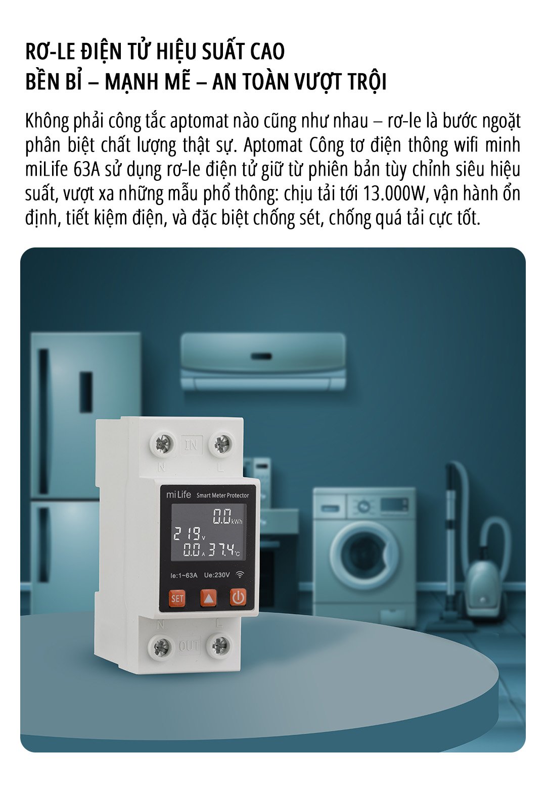Công tơ điện thông minh wifi miLife 63A rơ-le điện tử hiệu suất cao